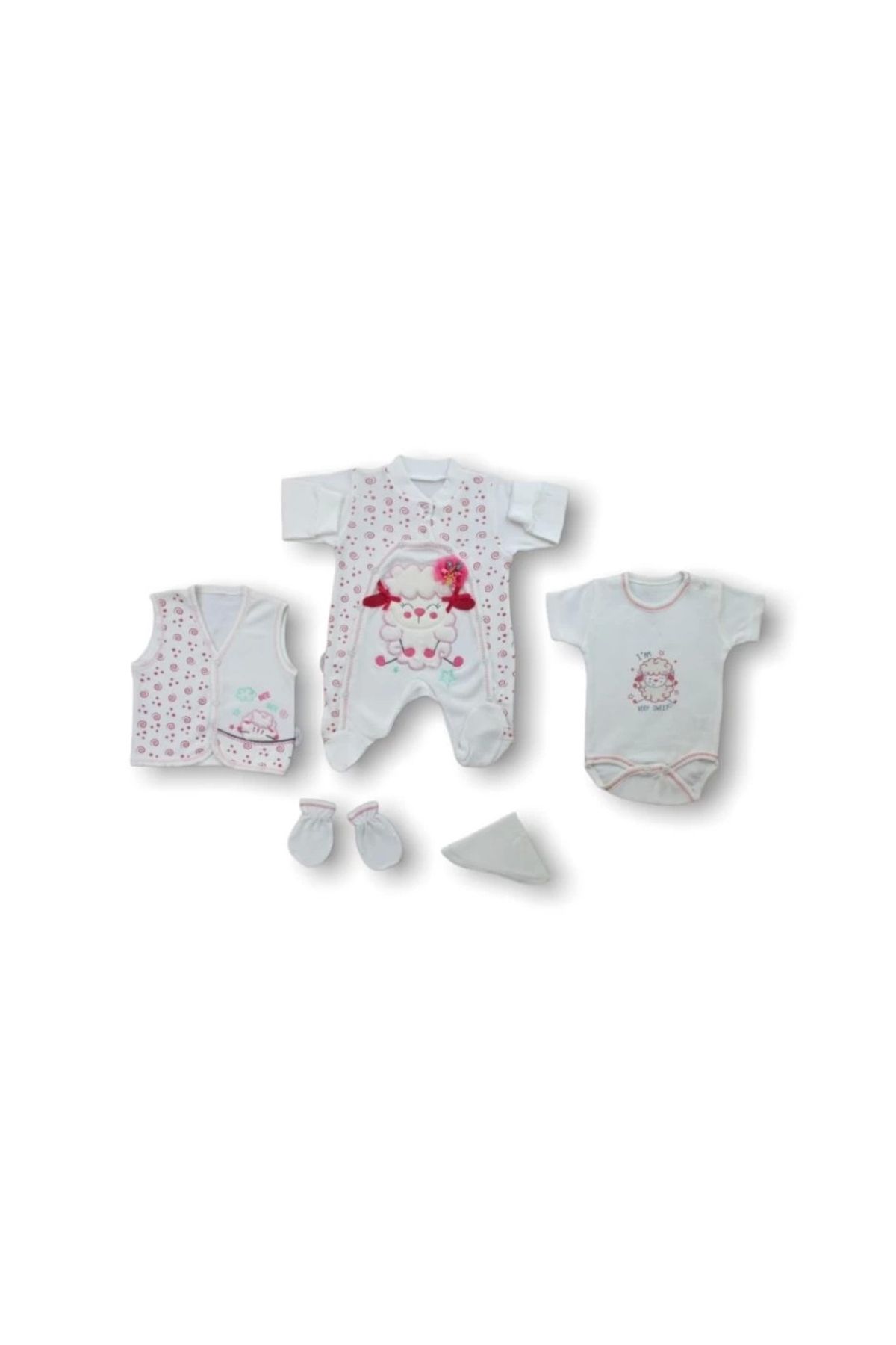 BabyBird Kuzucuk Nakışlı %100 Cotton Antibakteriyel 5li Zıbın Takımı Hastane Çıkışı Ekru