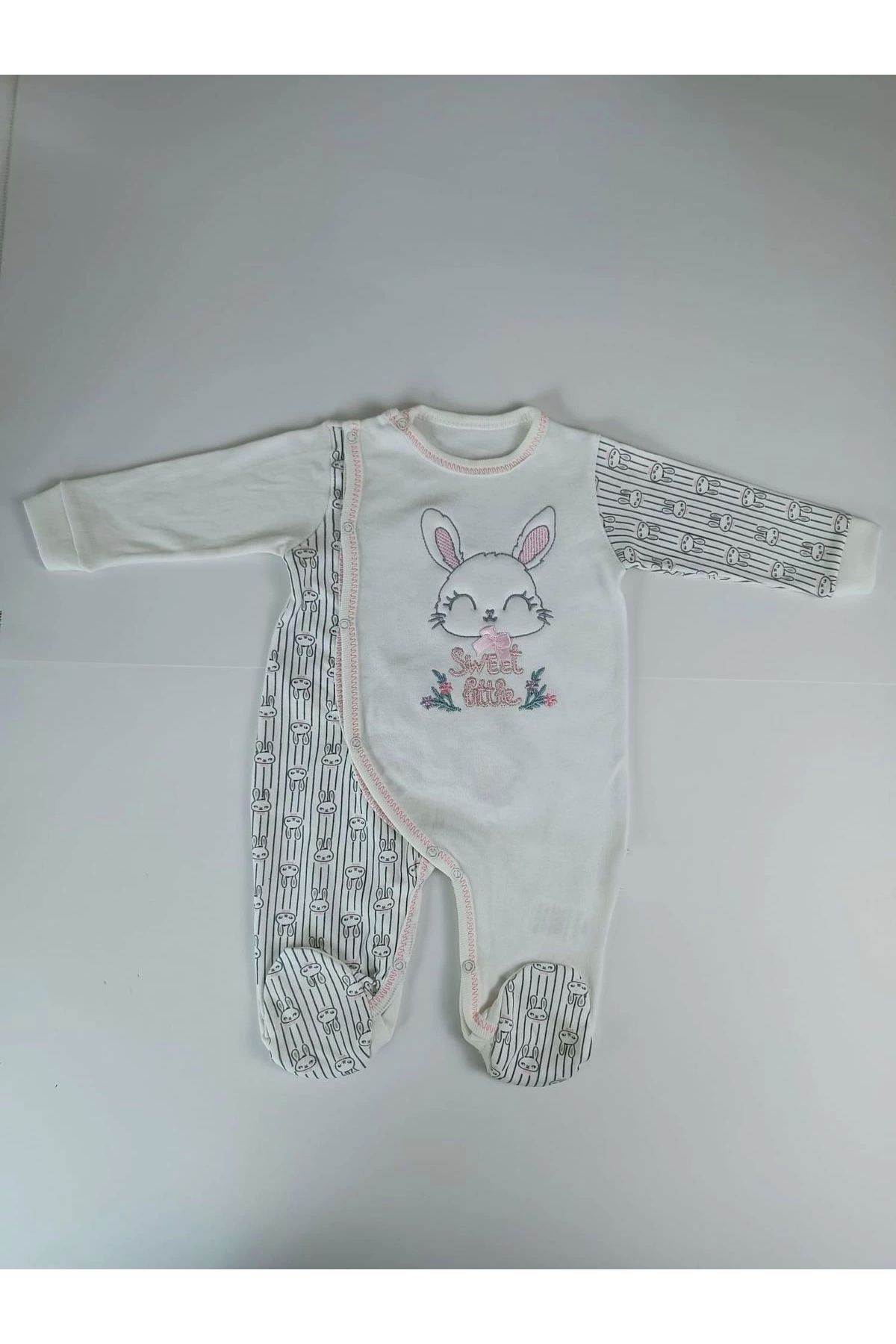 BabyBird-Ecru Little Rabbit Embroidered Baby Girl and Boy Jumpsuit - Neck Snap Closure 1