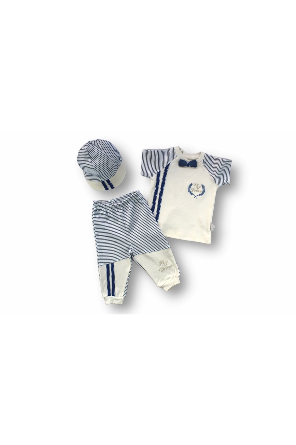 BabyBird-My Prince Embroidered Hat Short Sleeve Sweat 3 Piece Baby Boy Set 1