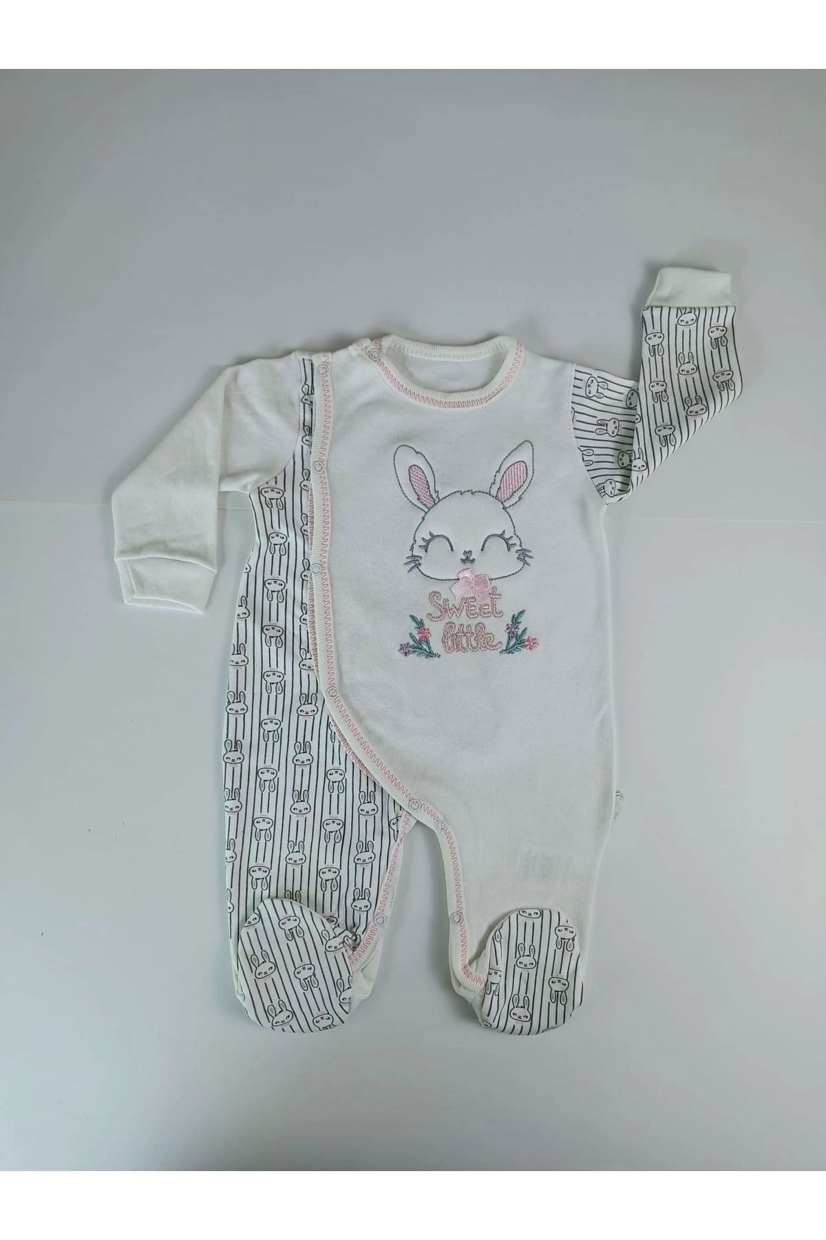 BabyBird-Ecru Little Rabbit Embroidered Baby Girl and Boy Jumpsuit - Neck Snap Closure 2