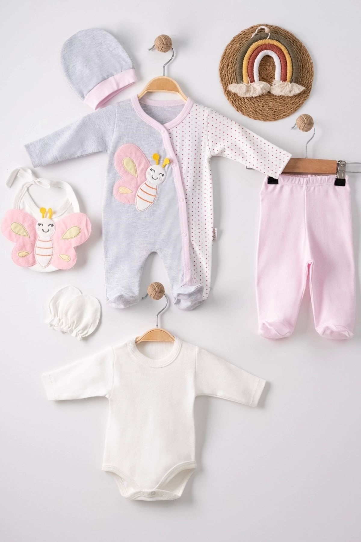 BabyBird Kelebek Nakışlı Tulumlu % 100 Pamuk Kız Bebek 5'li Set