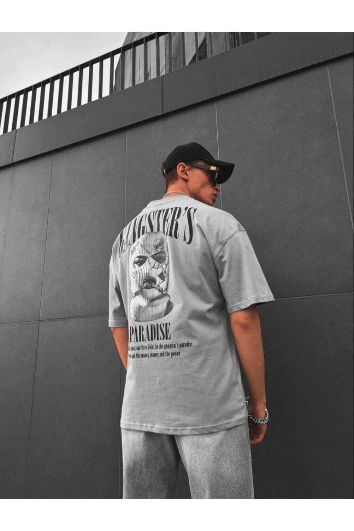 GIANTSTORE Erkek Gri Gangster’s Paradise Baskılı Oversize Pamuklu Bisiklet Yaka T-shirt