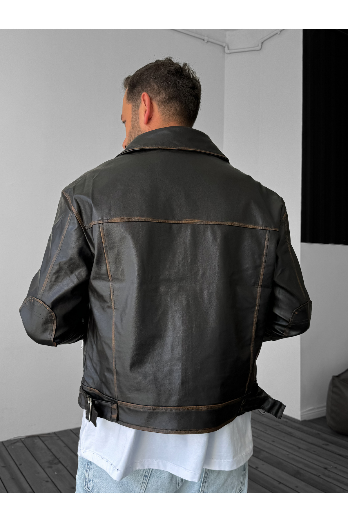 BYBASICMAN-Tan Wash Patterned Leather Jacket G-5505 6