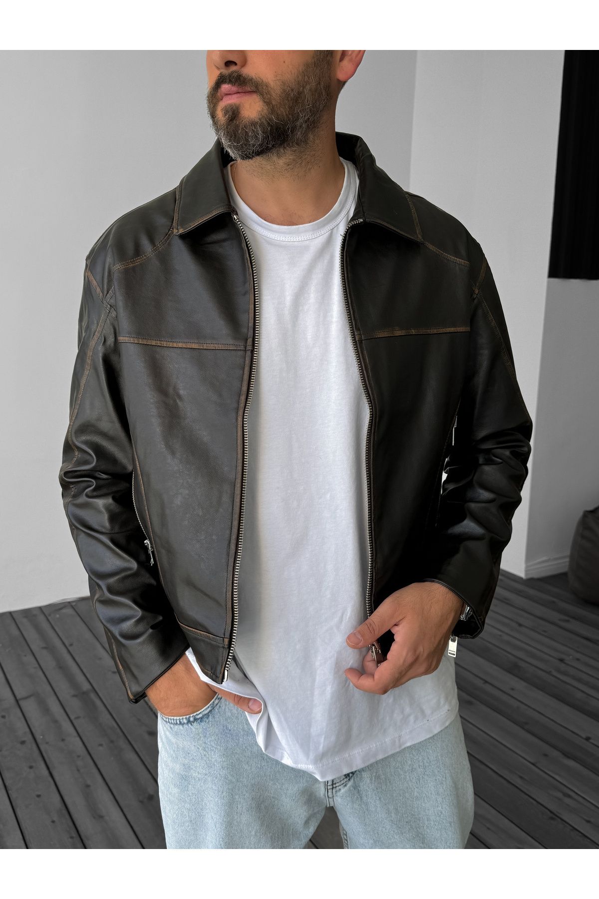 BYBASICMAN-Tan Wash Patterned Leather Jacket G-5505 2