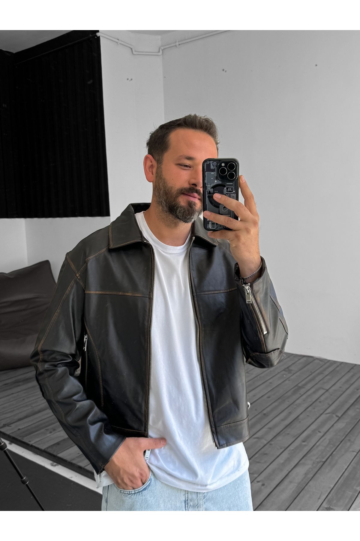 BYBASICMAN-Tan Wash Patterned Leather Jacket G-5505 7