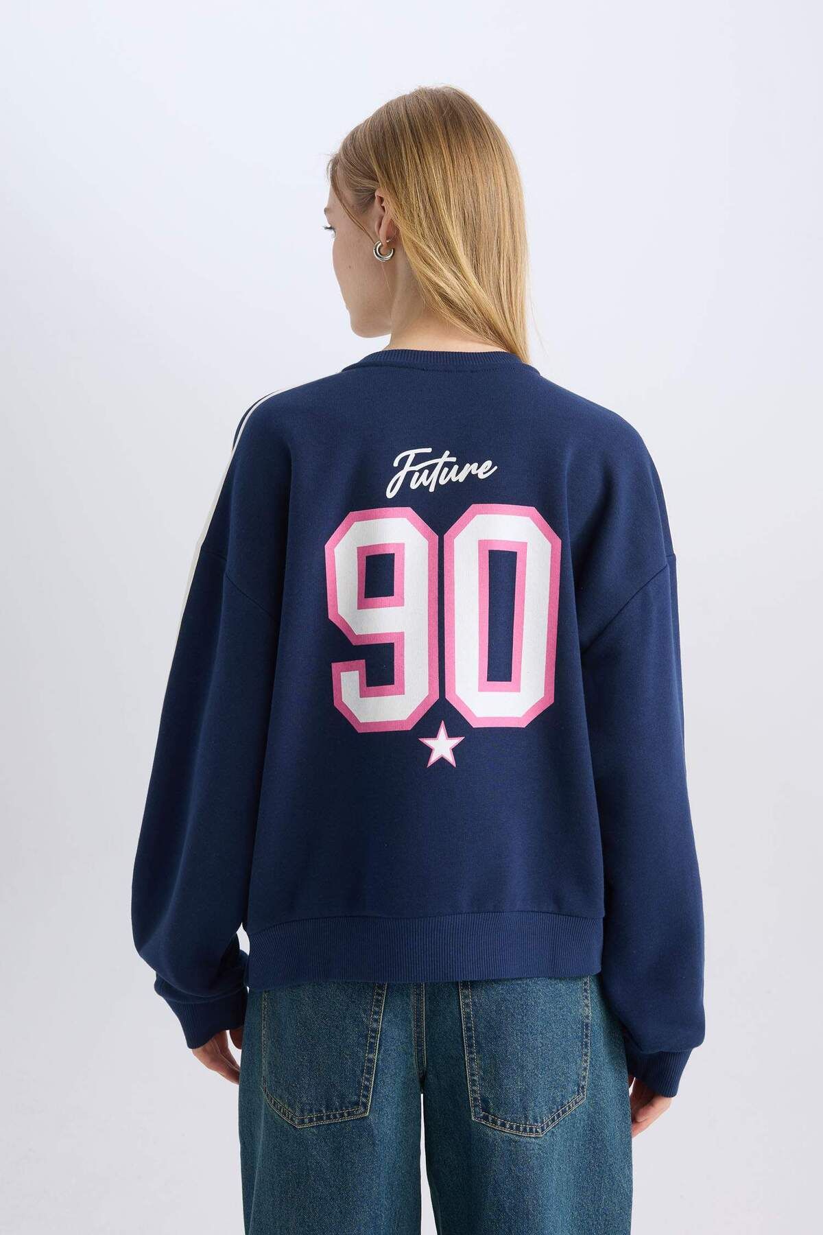 DeFacto-Navy Blue Coool Oversize Fit Wide Fit Crew Neck Back Printed Thick Sweatshirt 3182555 6