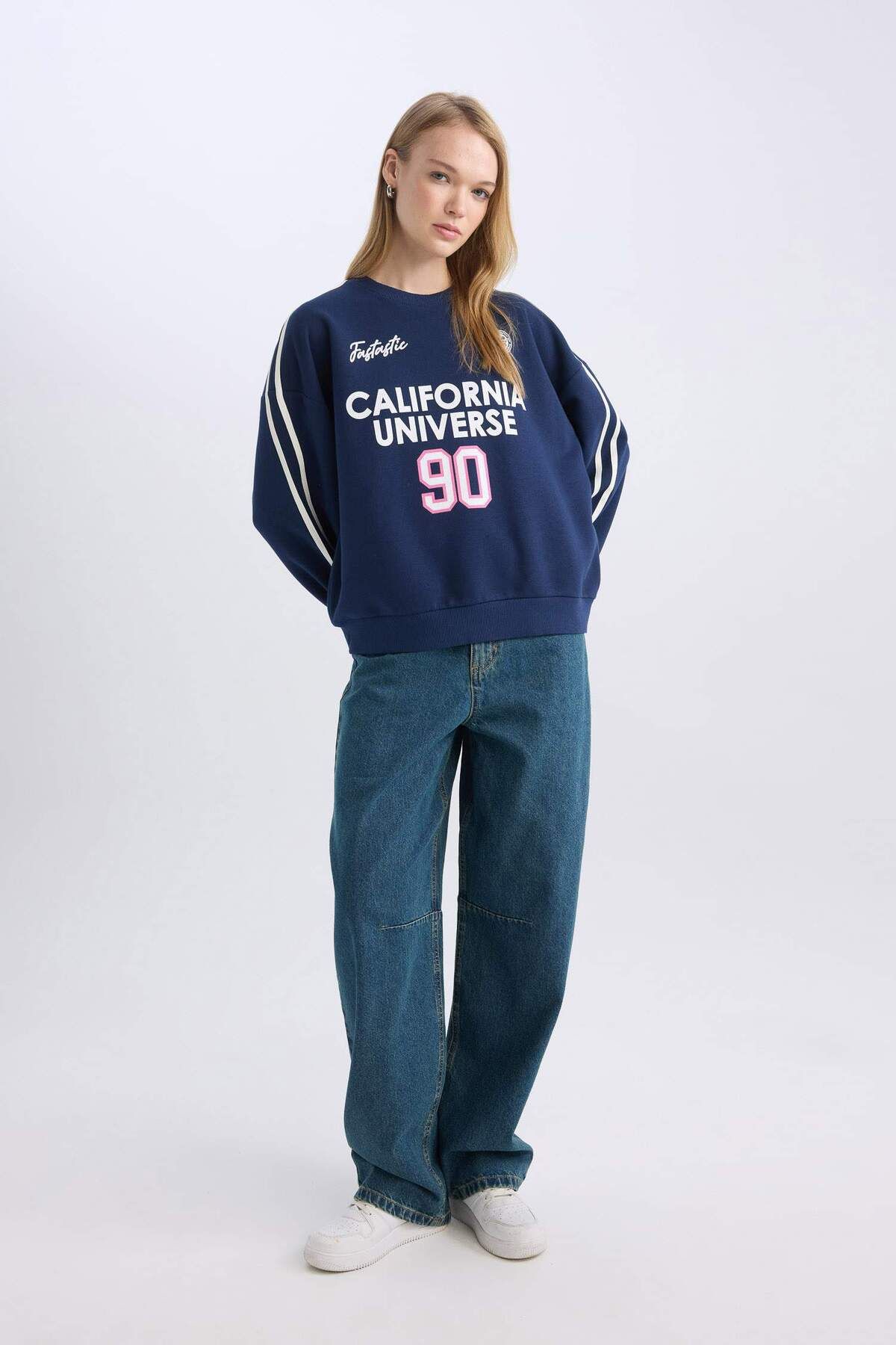 DeFacto-Navy Blue Coool Oversize Fit Wide Fit Crew Neck Back Printed Thick Sweatshirt 3182555 2