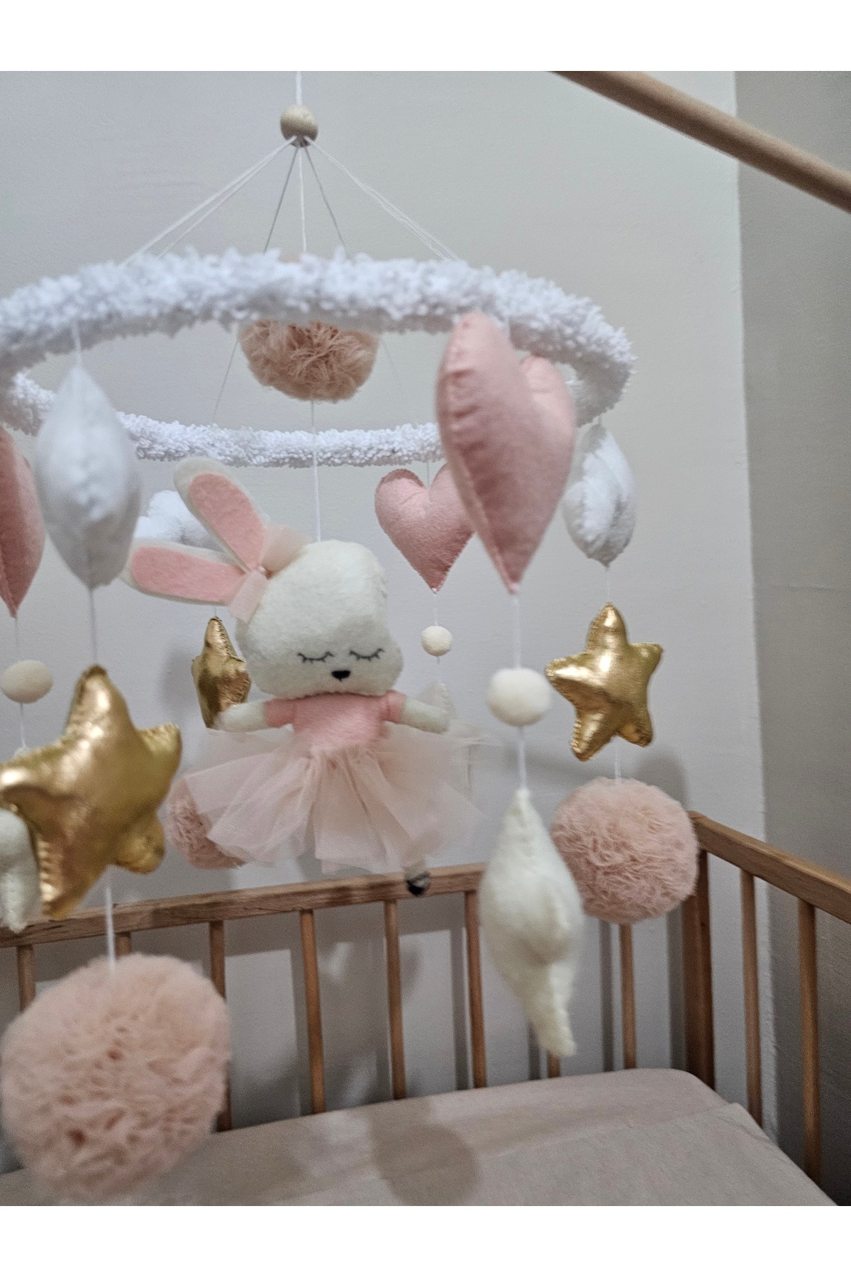 hobiimobiii Dönence (MÜZİKLİ) Bebek Beşik Süsü Keçe Dönence Balerin Tavşan fotoğrafı 2 (önizleme)