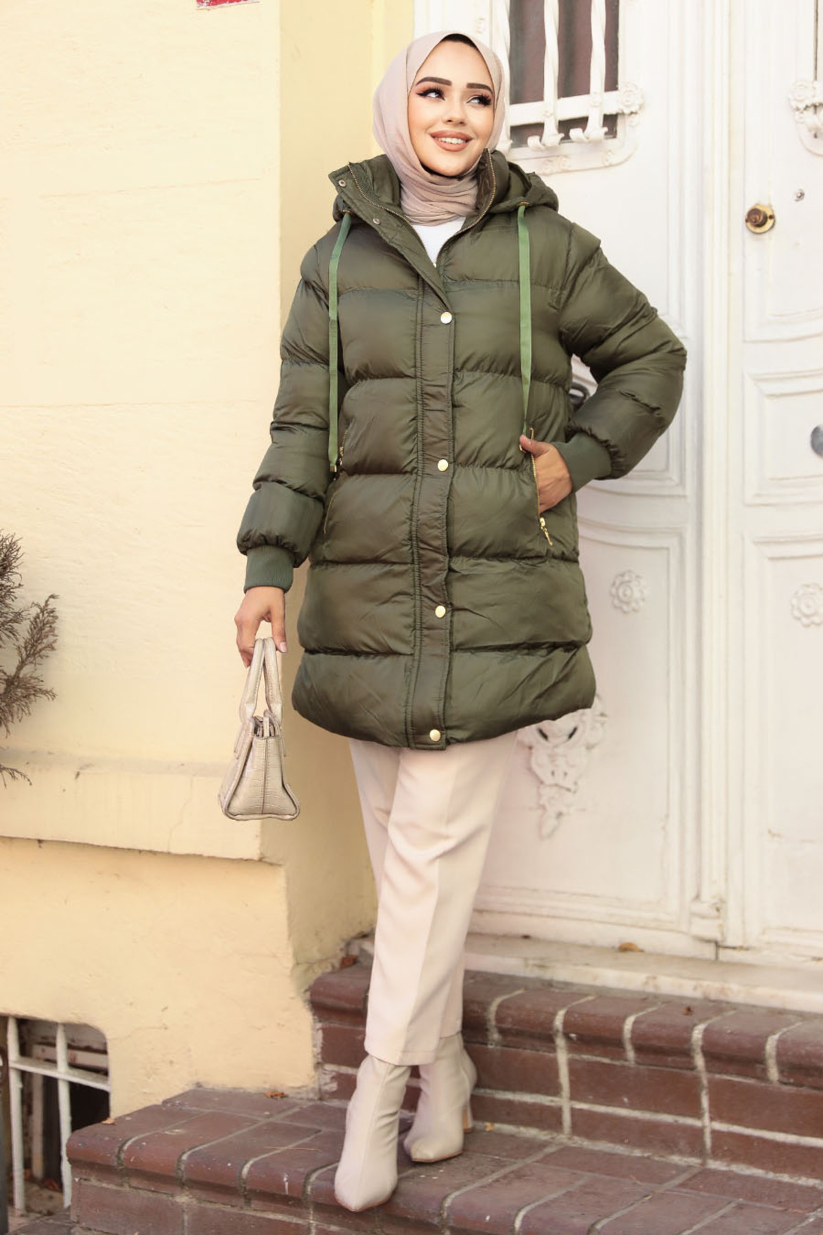 Neva Style-Hooded Khaki Hijab Puffer Jacket 80191Hk 1