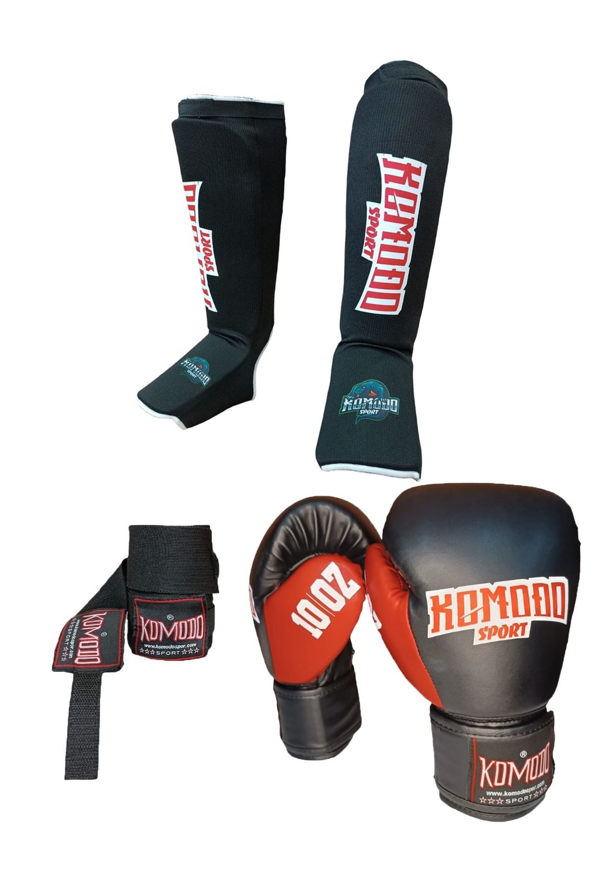 KOMODO SPORT Boks Eldiveni 8 OZ/Bandaj 3,5 Metre /Elastik Kick Boks Kaval ve Ayaküstü Koruyucu Set