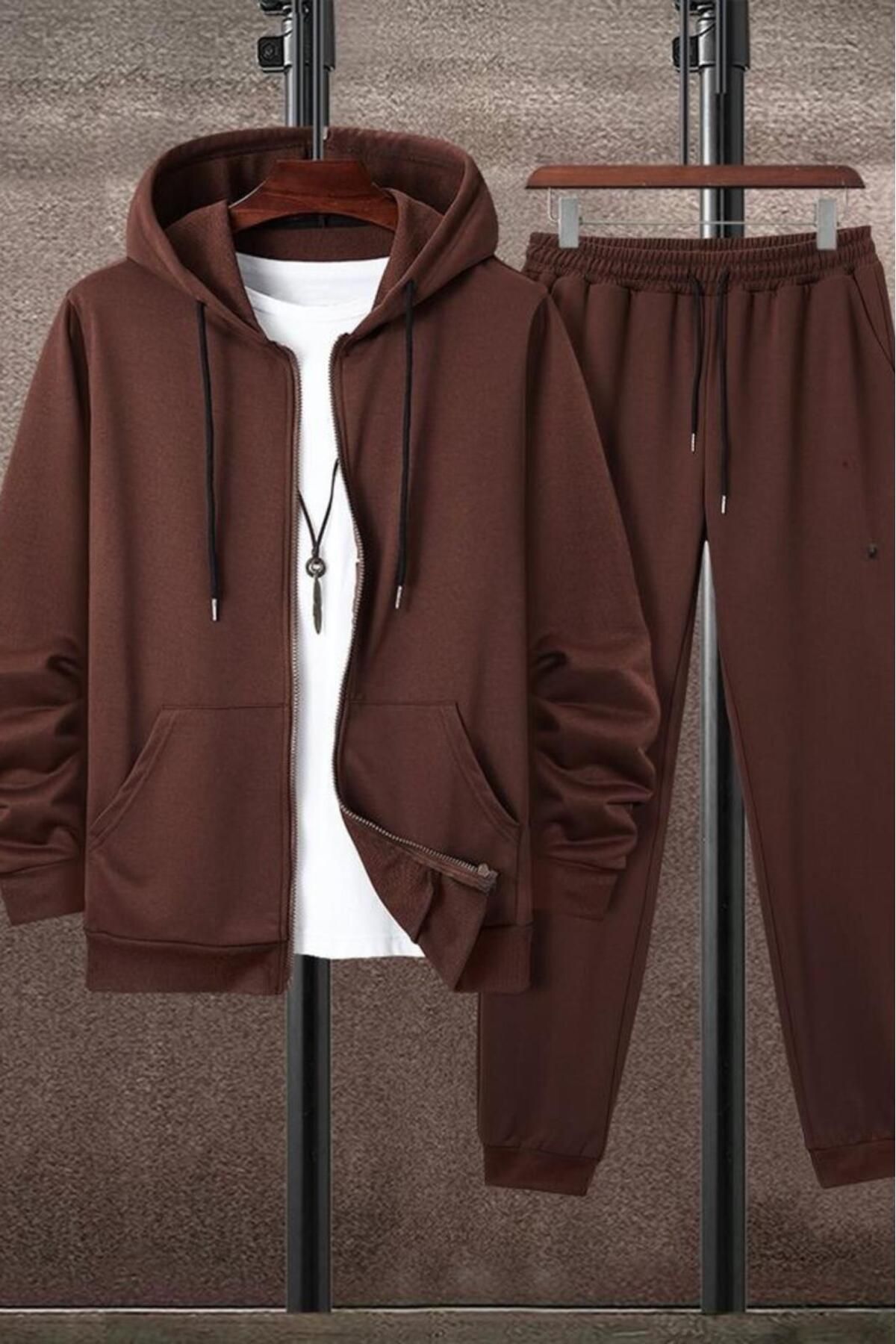 NO 601-Σετ φούτερ Unisex καφέ μπουφάν με φερμουάρ 1