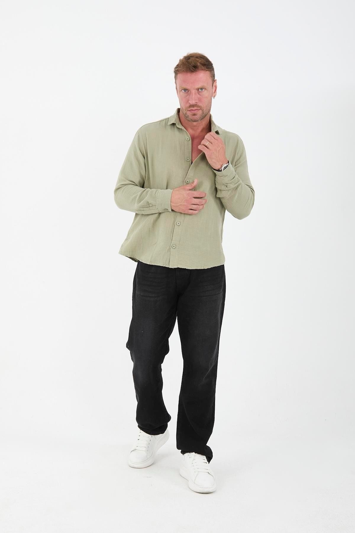 Valiberta-Breathable Muslin Fabric Long Sleeve Collared Men's Shirt - Light Khaki 2