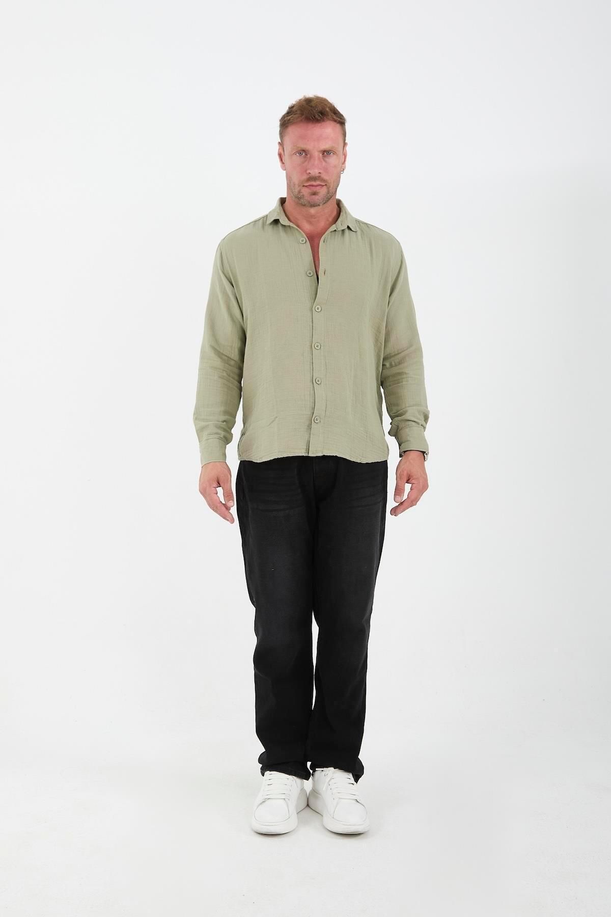 Valiberta-Breathable Muslin Fabric Long Sleeve Collared Men's Shirt - Light Khaki 7