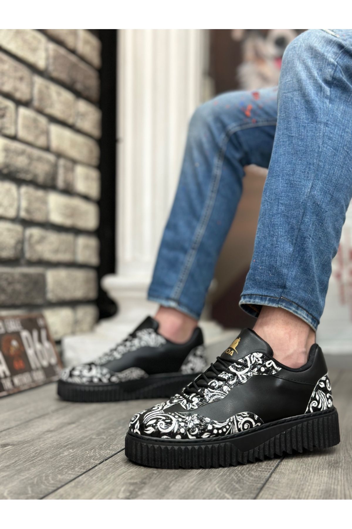 BESKAR-BOA Gothic Patterned Black High-Sole Men's Casual Shoes - BA0802 6