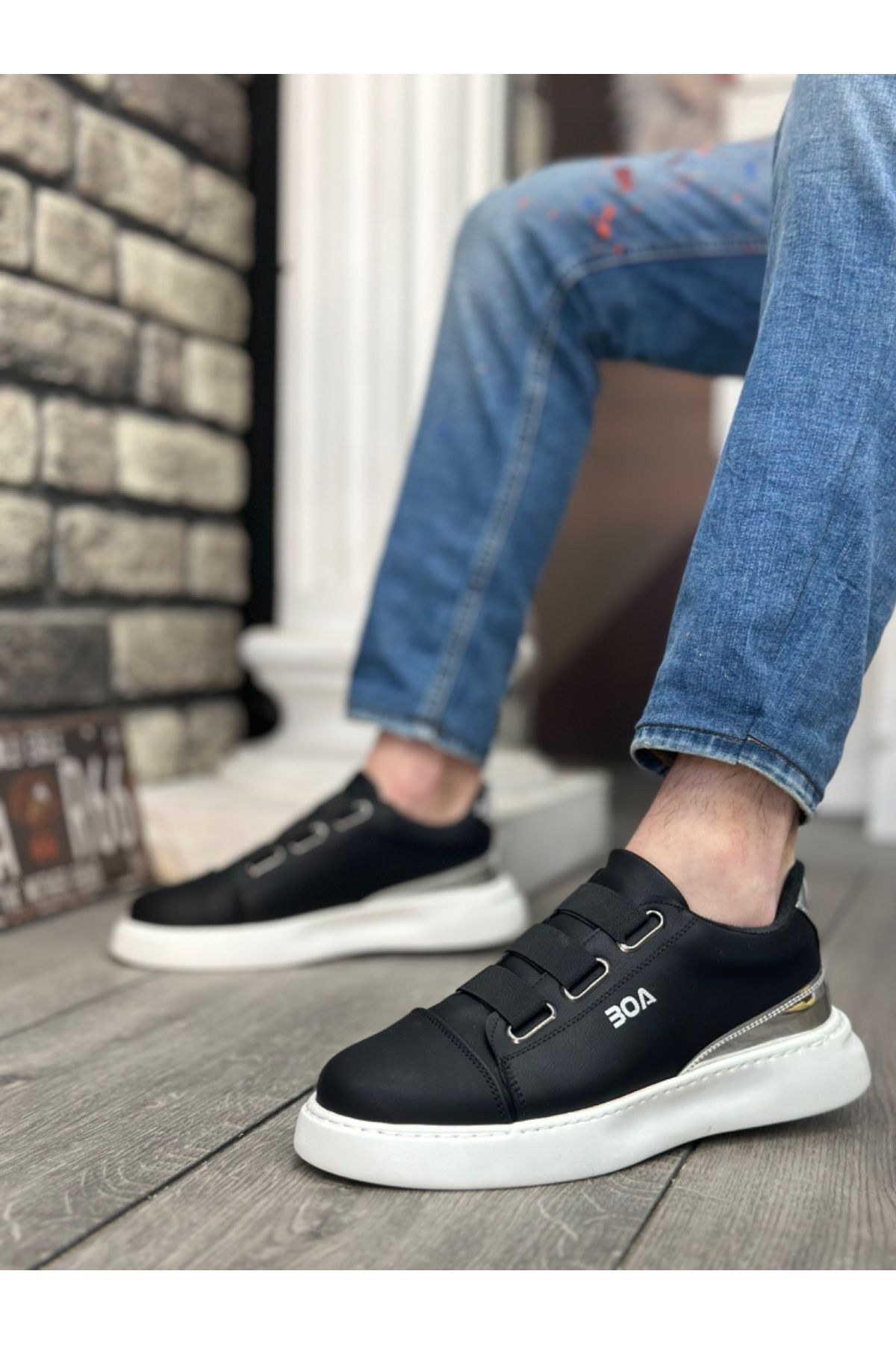 BESKAR-BA0329 - Pantofi casual pentru bărbați cu 3 dungi, negru, argintiu, cu talpă groasă 2