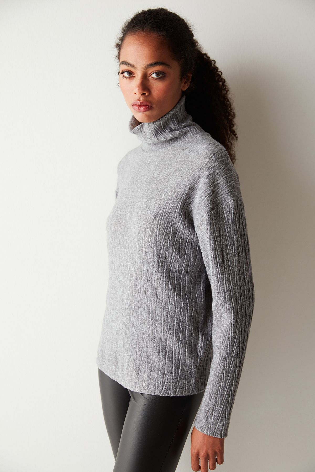 Penti-Gray Turtleneck Textured Long Sleeve Top 2