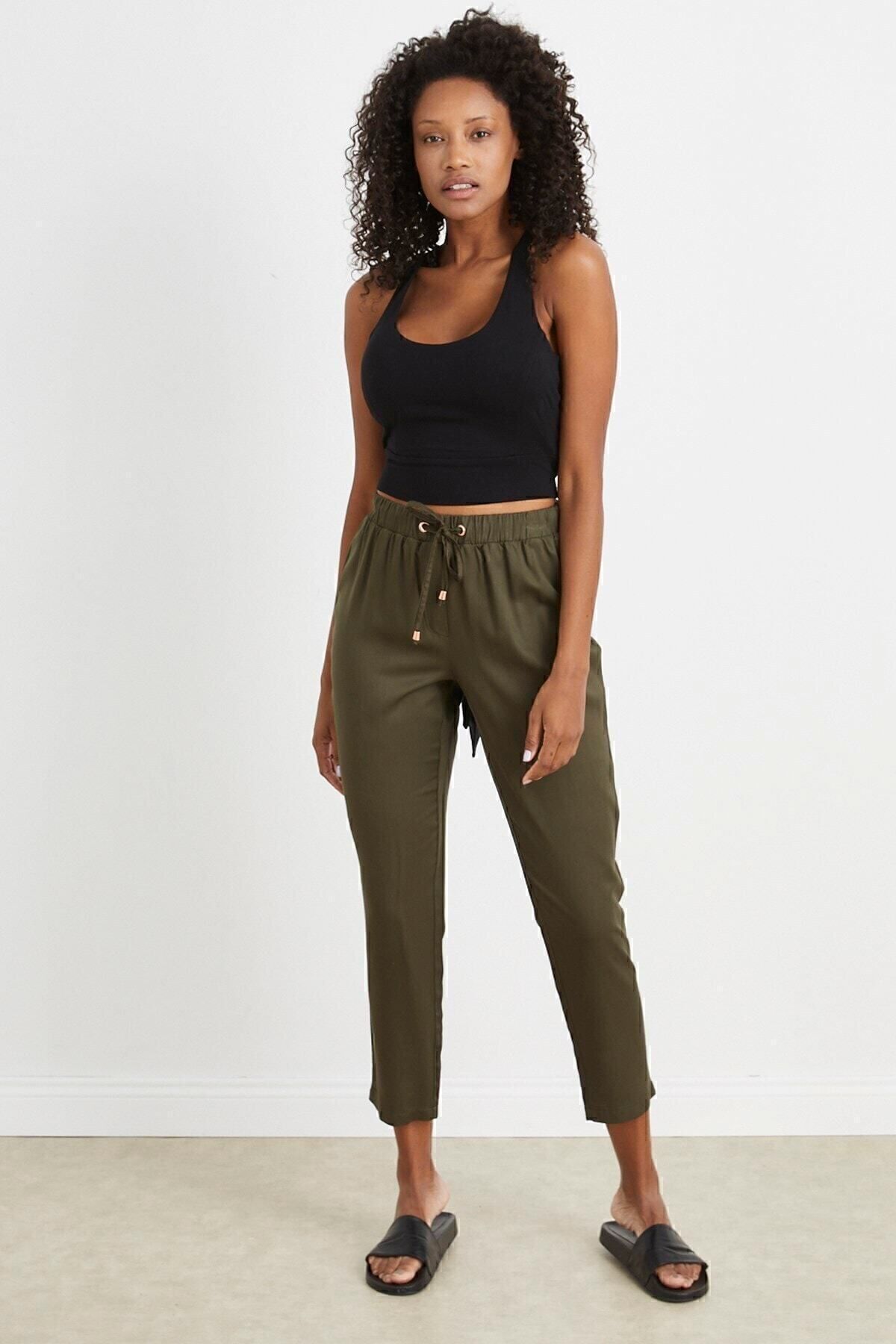 Curly-Khaki Skinny Leg Woven Trousers 5