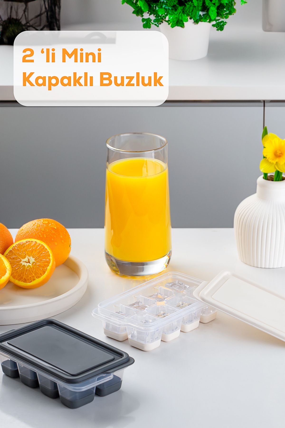 Genel Markalar 16018 2 Adet Plastik Kapaklı 16 Hazneli Mini Buz Kalıbı Kokteyl Sunum Buz Kalıbı-beyaz Antrasit