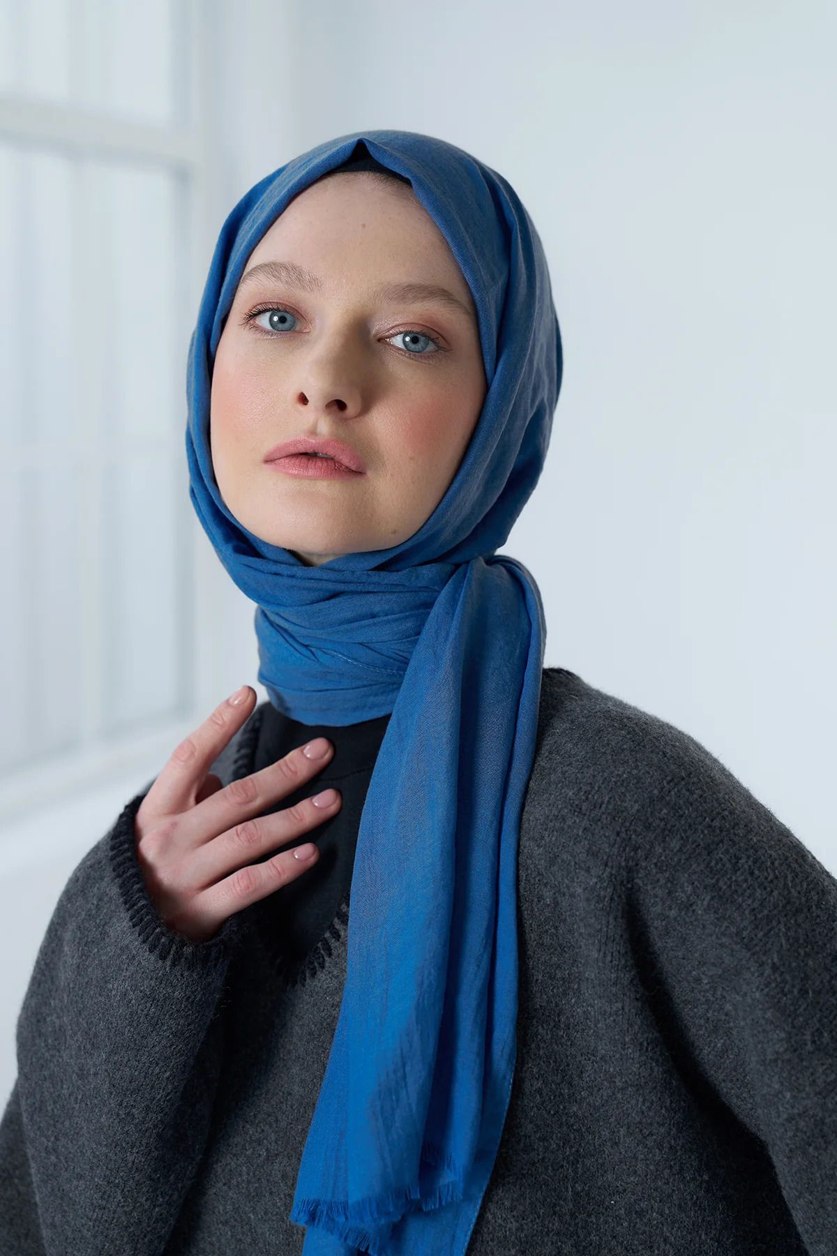 Modakaşmir-Neo Cotton Shawl Saks Blue 4