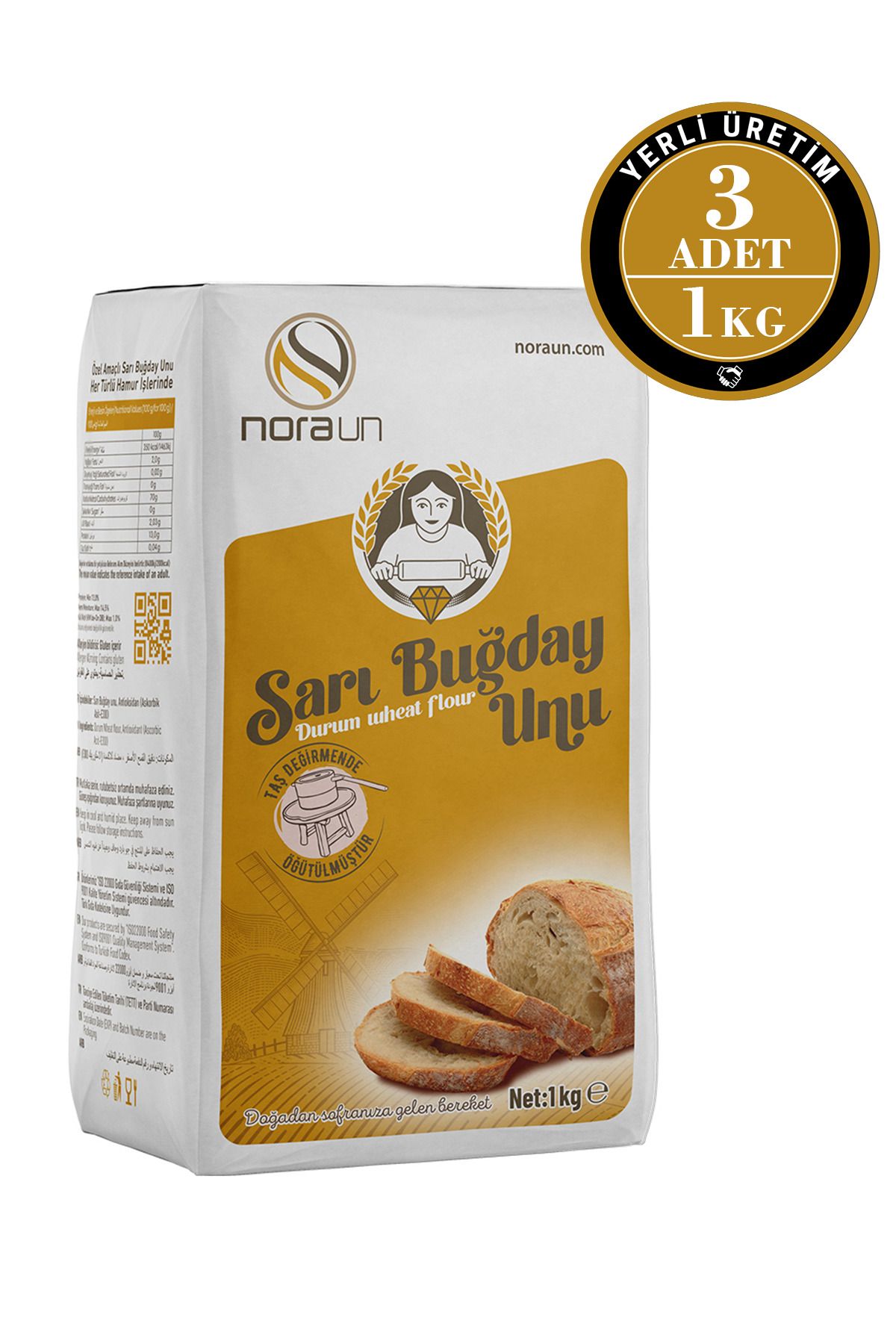 NORA UN Sarı Buğday Unu ( Durum Buğdayı) 1 Kg 3 Adet (VEGAN)