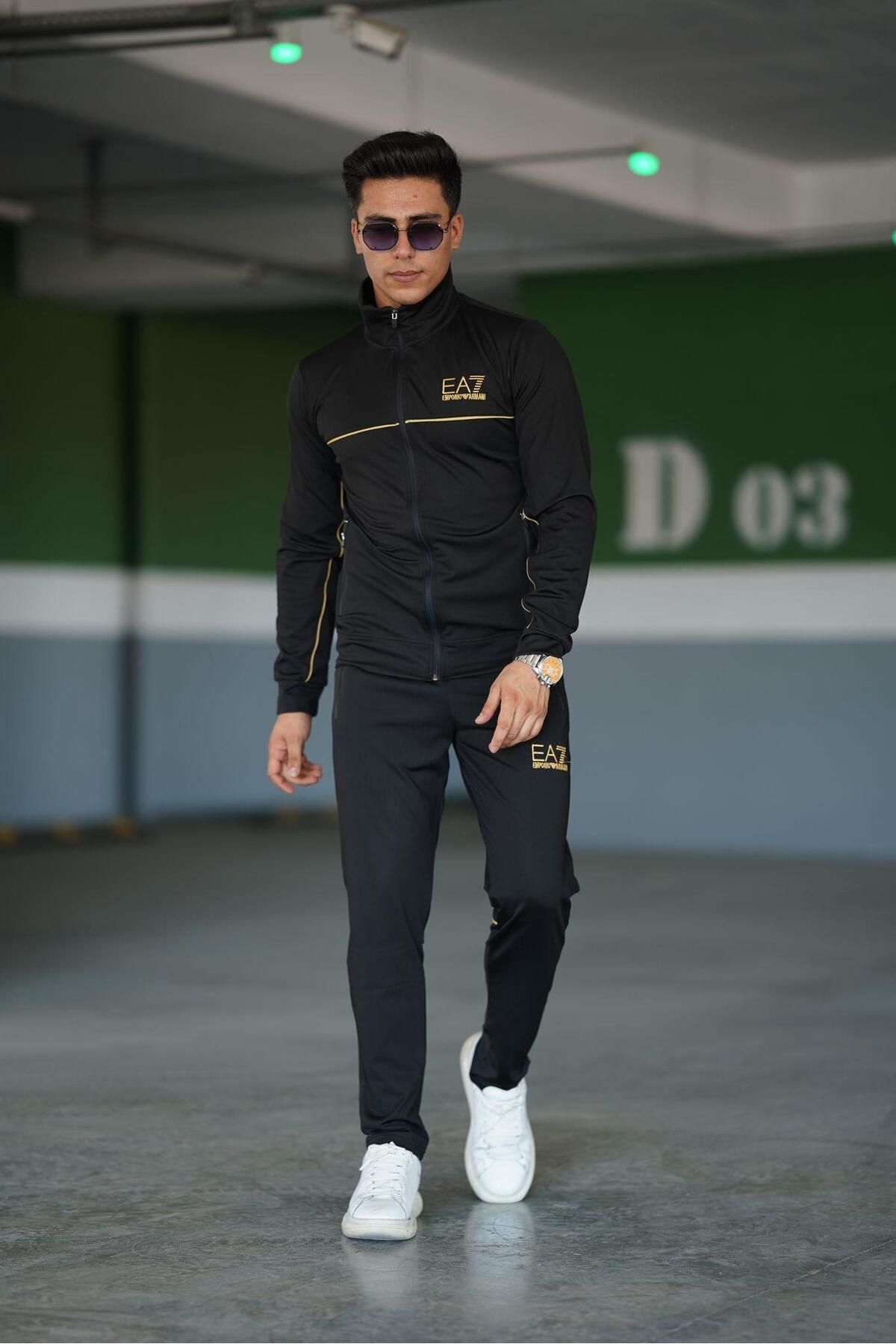 ensemble de survêtement zippé pour hommes noir 1006