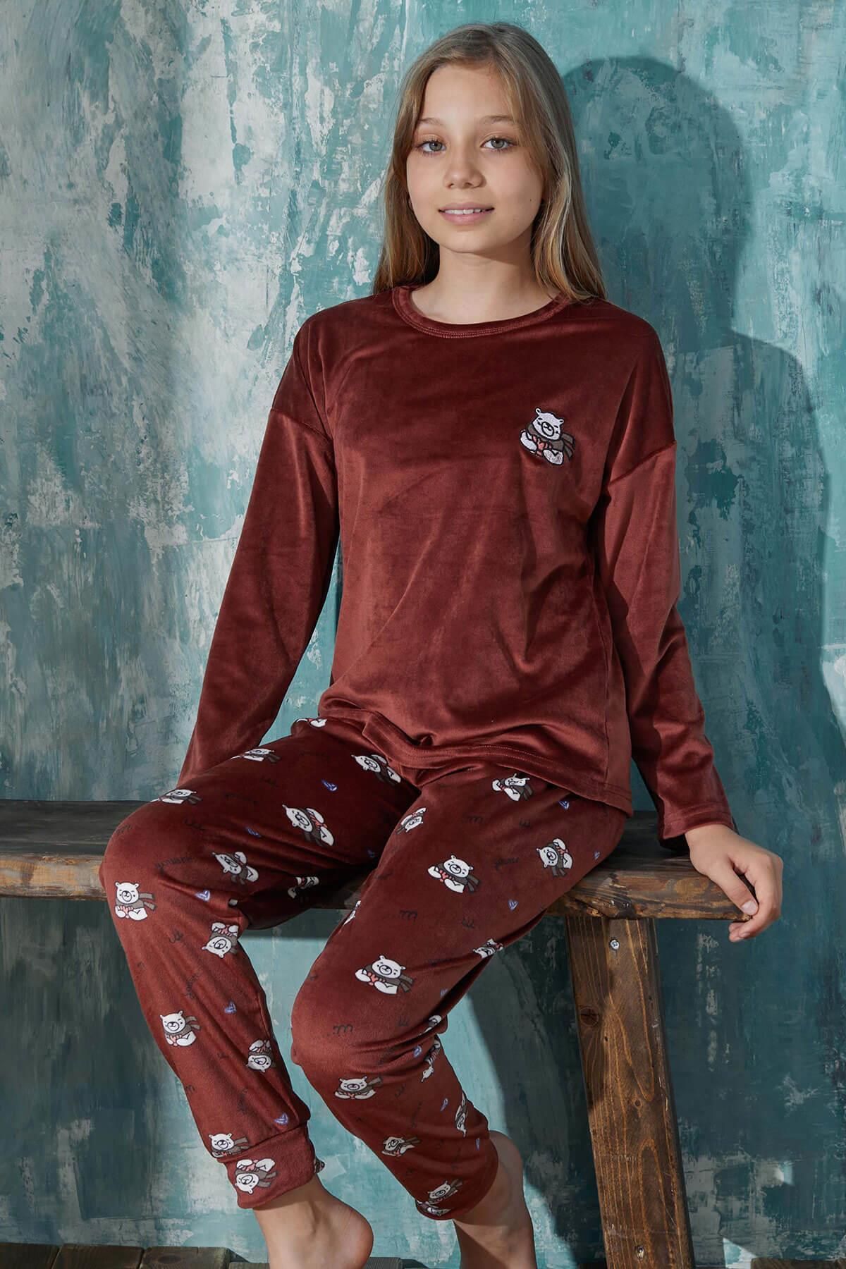 Koyu Kahve Kaşkol Ayıcık Desenli Exclusive Kadife Kız Çocuk Pijama Takımı