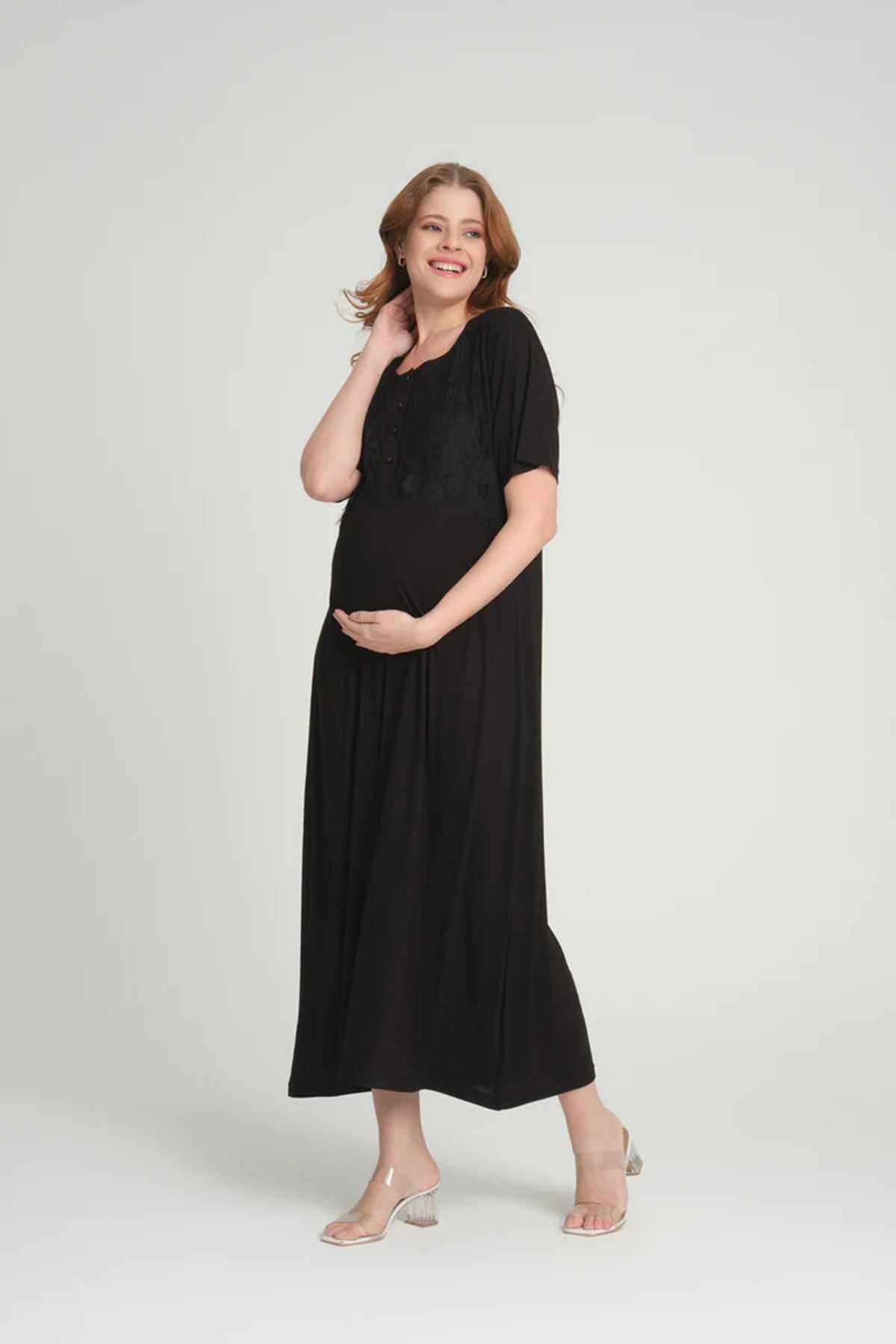 CT MODA-Women's Black Lace Design Full Length 100% Cotton Maternity Maternity Dressing Gown Nightgown Set 2