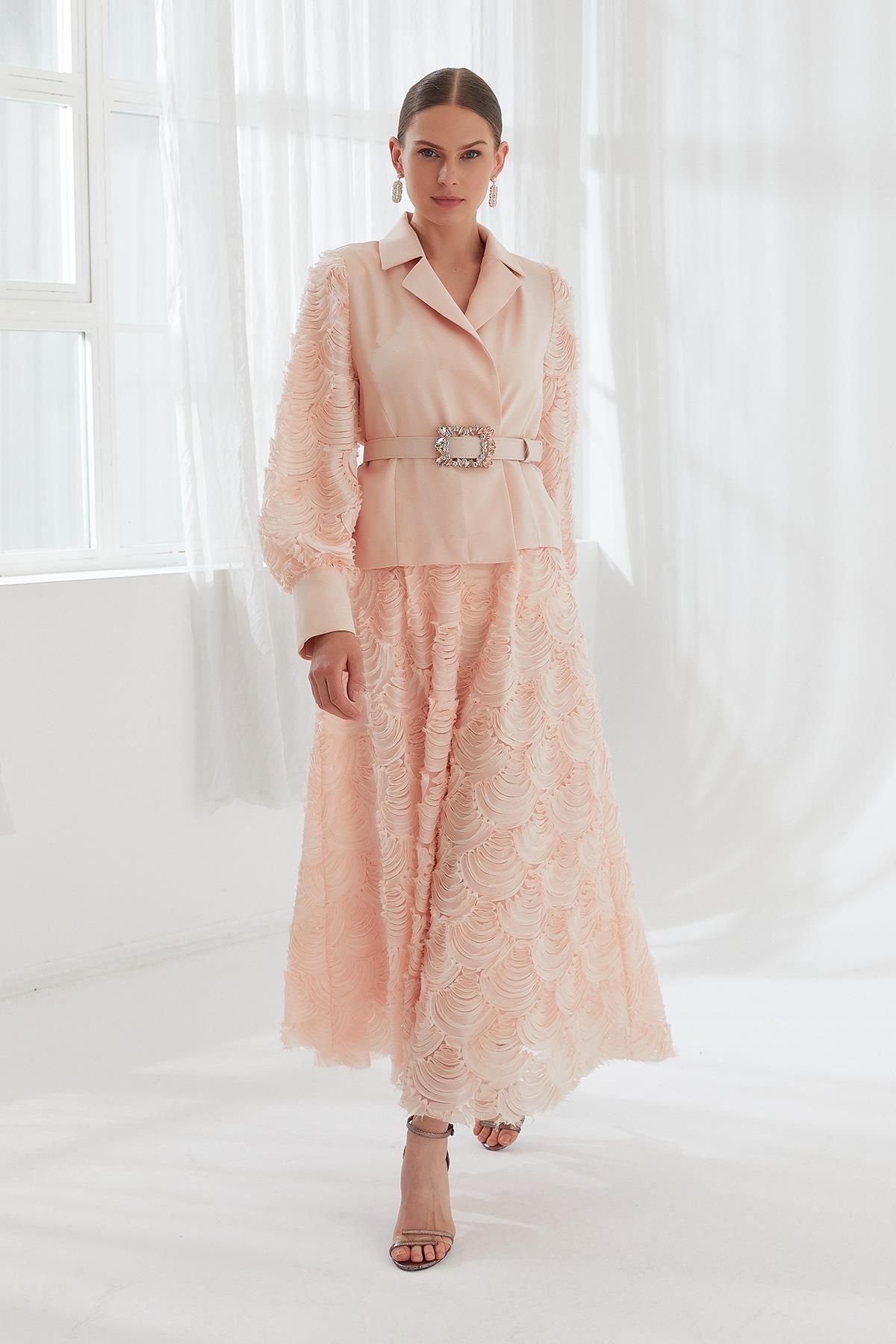 YAFA CLOTHING & ACCESSORIES-Salmon Colored Motif Sleeves Set Jacket and Skirt 1
