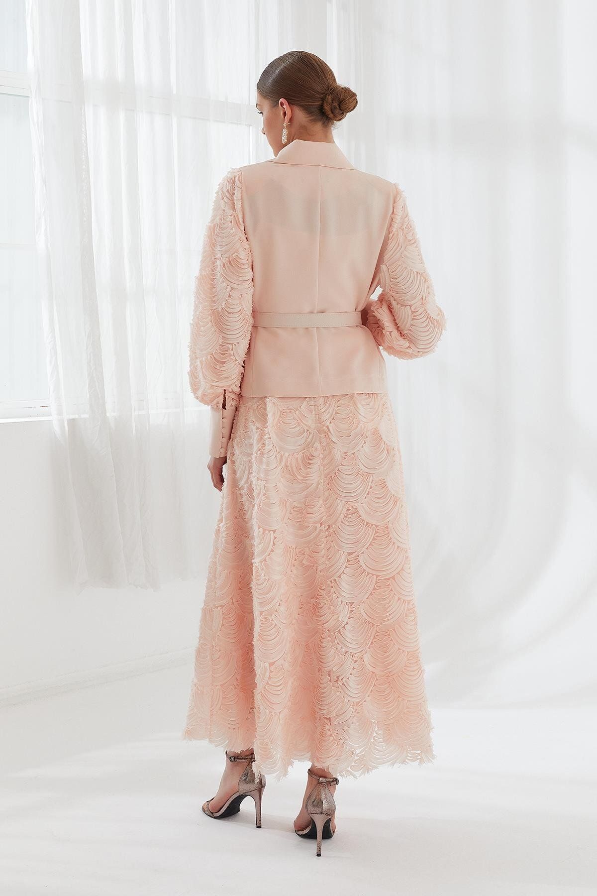 YAFA CLOTHING & ACCESSORIES-Salmon Colored Motif Sleeves Set Jacket and Skirt 4