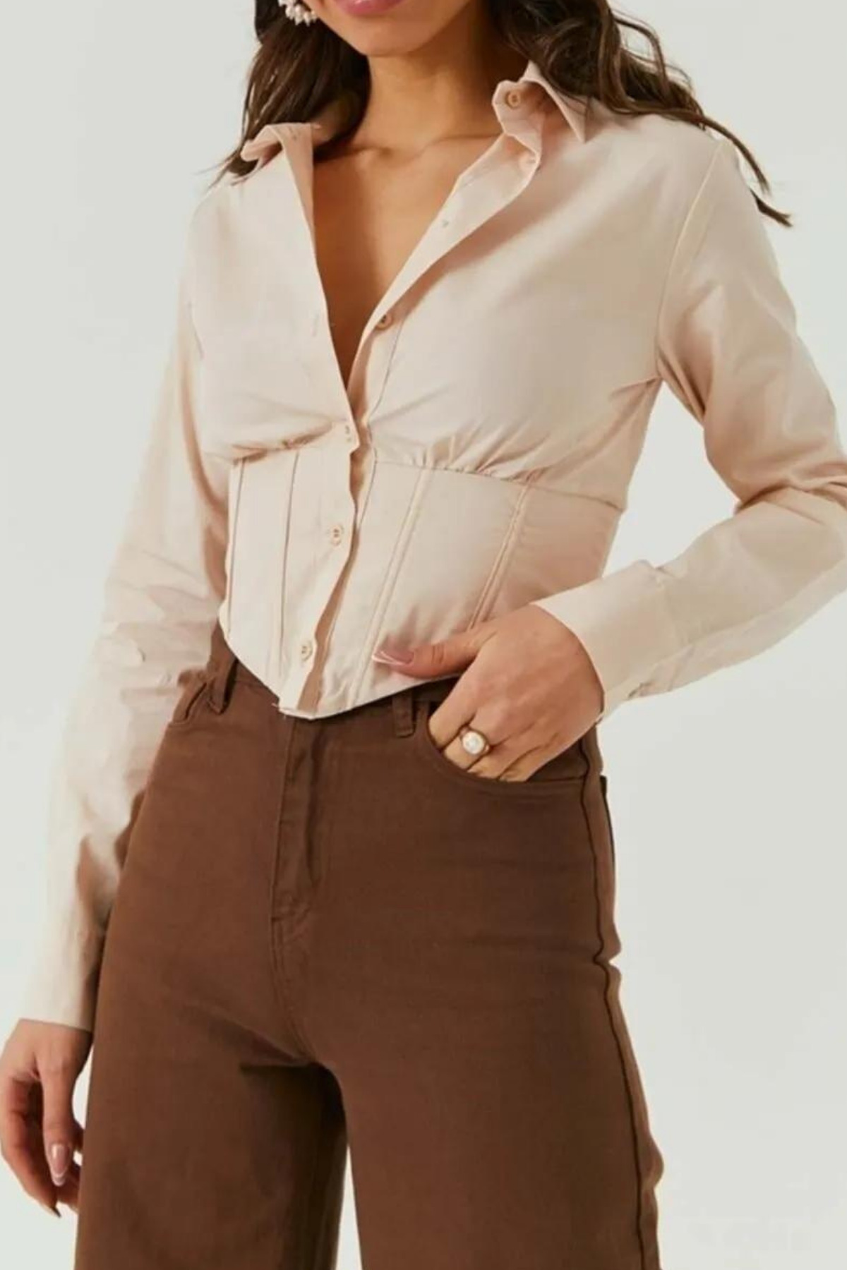 trendalisse  Kadın Vizon Beli Lastikli Korse Crop Gömlek - Görsel 3