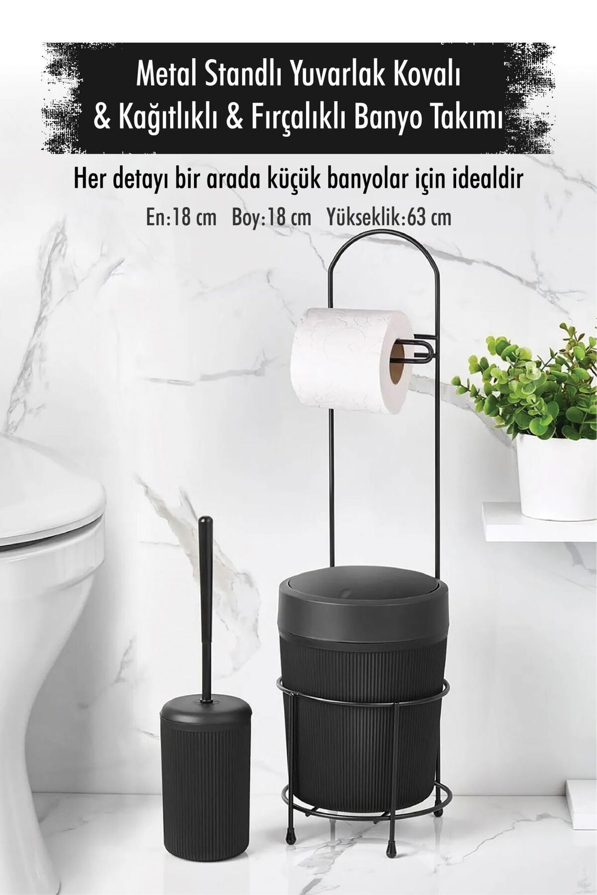 agishop Metal Standlı Yuvarlak Kovalı & Kağıtlıklı & Fırçalıklı Siyah Banyo Takımı