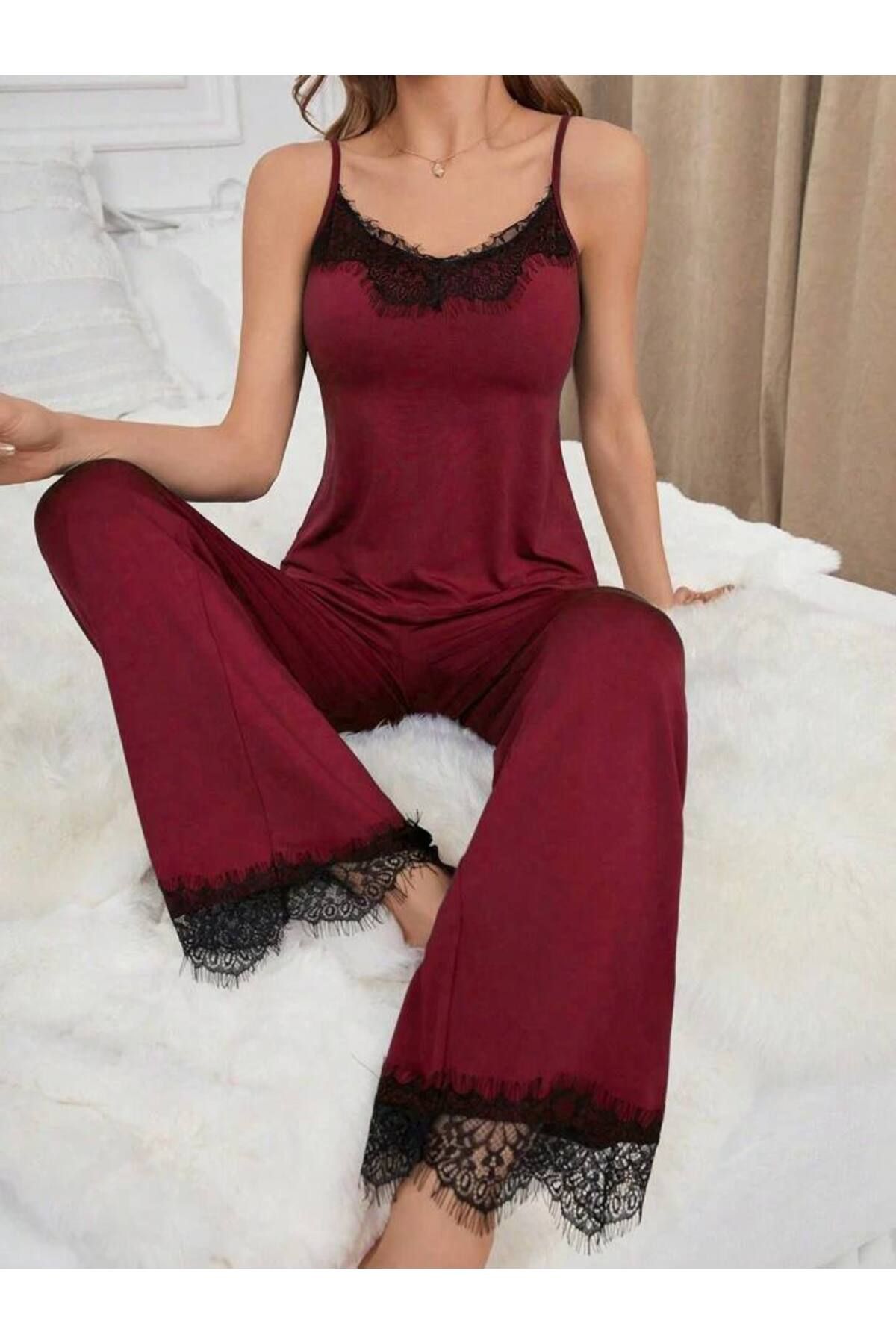 BLACK-Claret Red Dressing Gown Athlete Pajamas - 3-Piece Women's Set 001 3