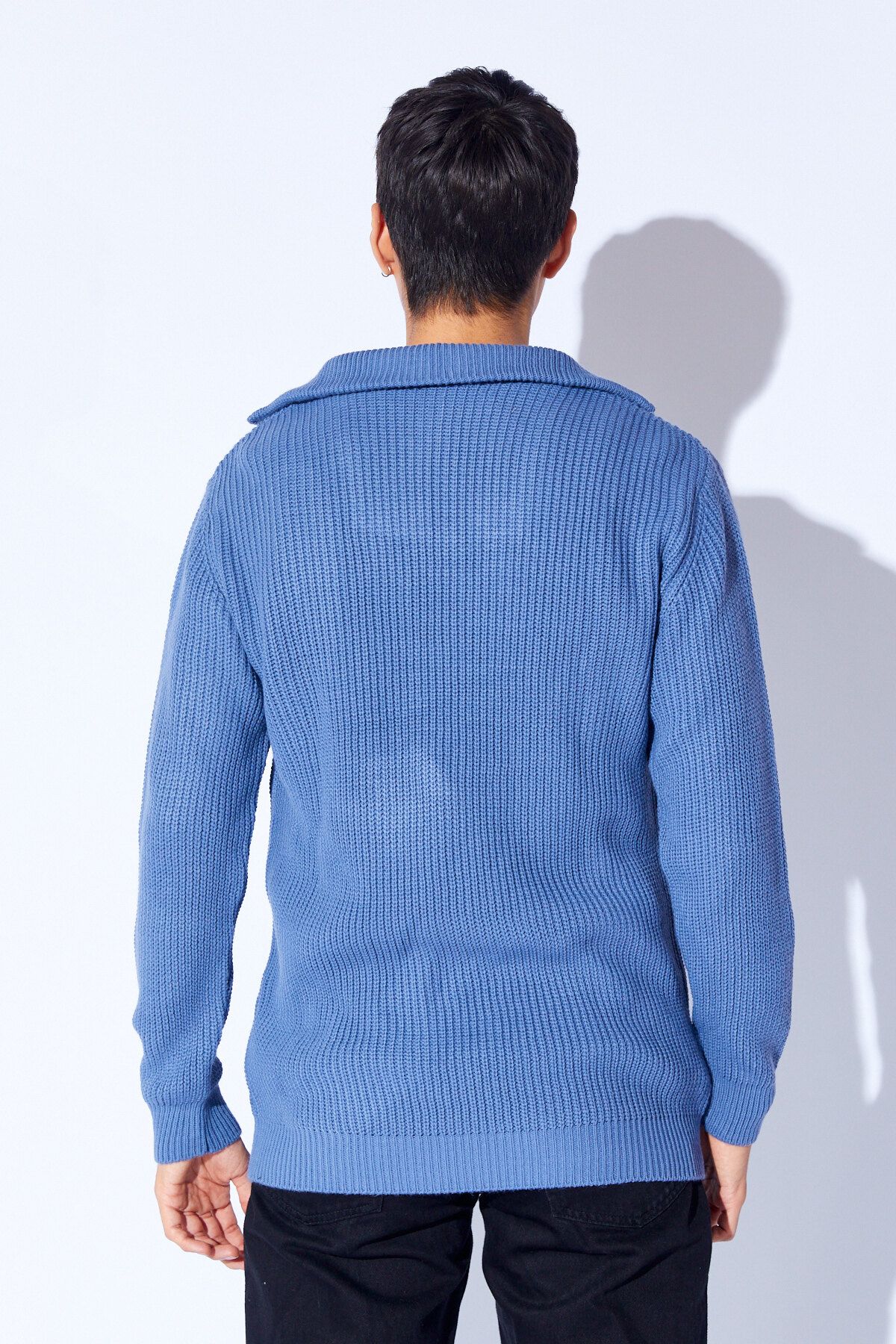 Manche-Oversize Half Zippered Knitted Pattern Soft Textured Men's Sweater |   Indigo Manw 519913 -1 7