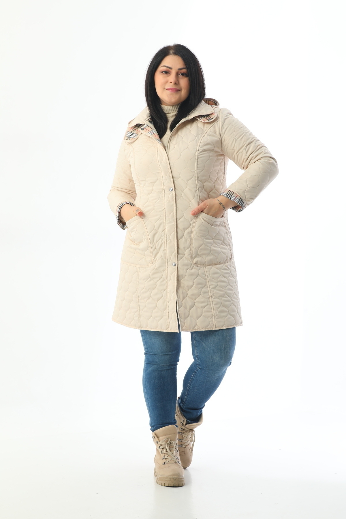 Seasonal Quilting, Water Repellent Coat, Plaid Coat, Plus Size Coat, Cream Coat