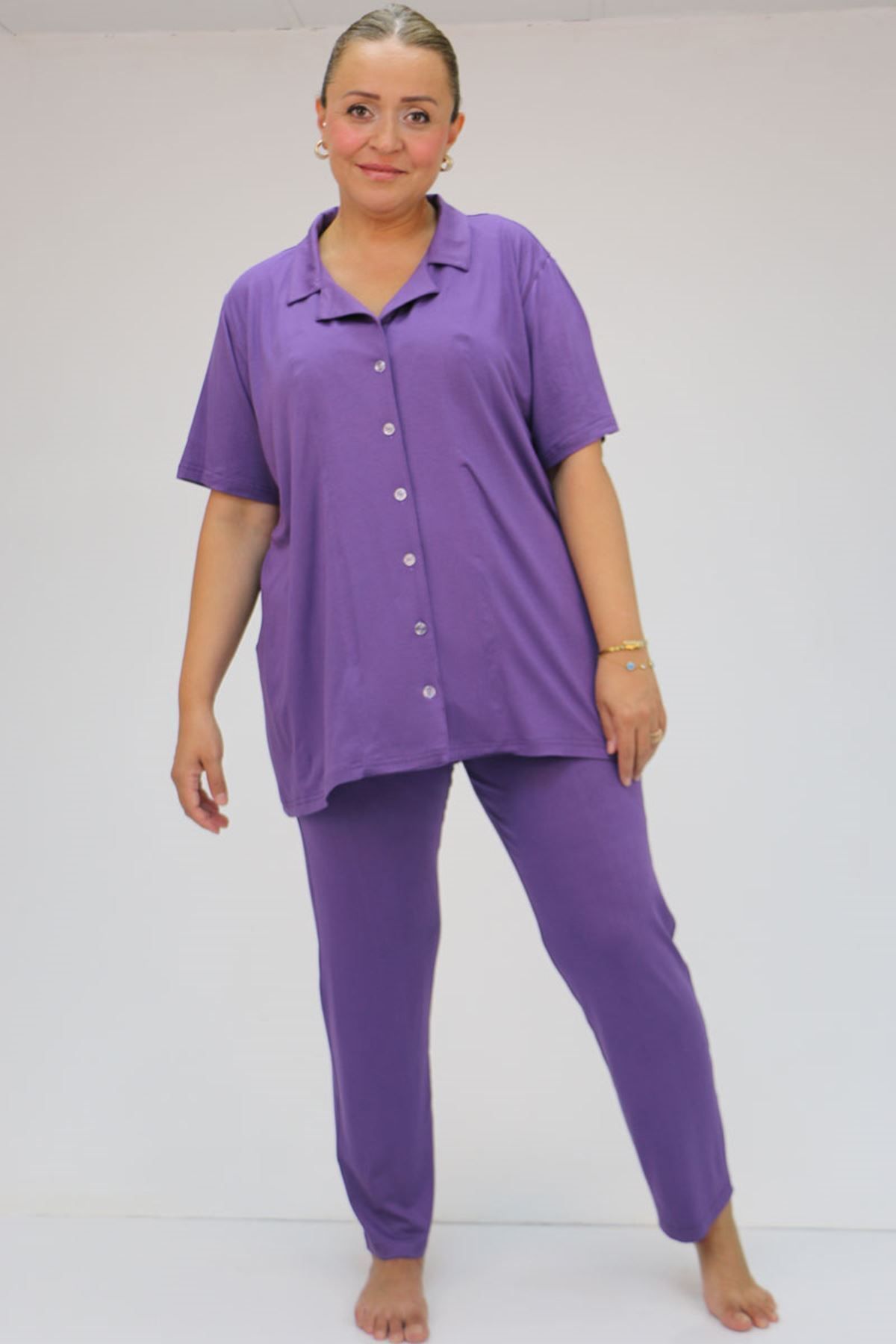 Eslina-37801 Plus Size Viscose Pajama Set - Buttoned and Assorted - Lilac 3