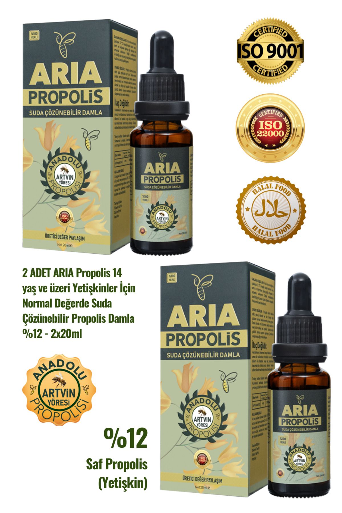 ARIA Propolis 2 Adet Yetişkinler İçin Suda Çözünebilir Normal Değerde Propolis Damla %12 - 2x20ml