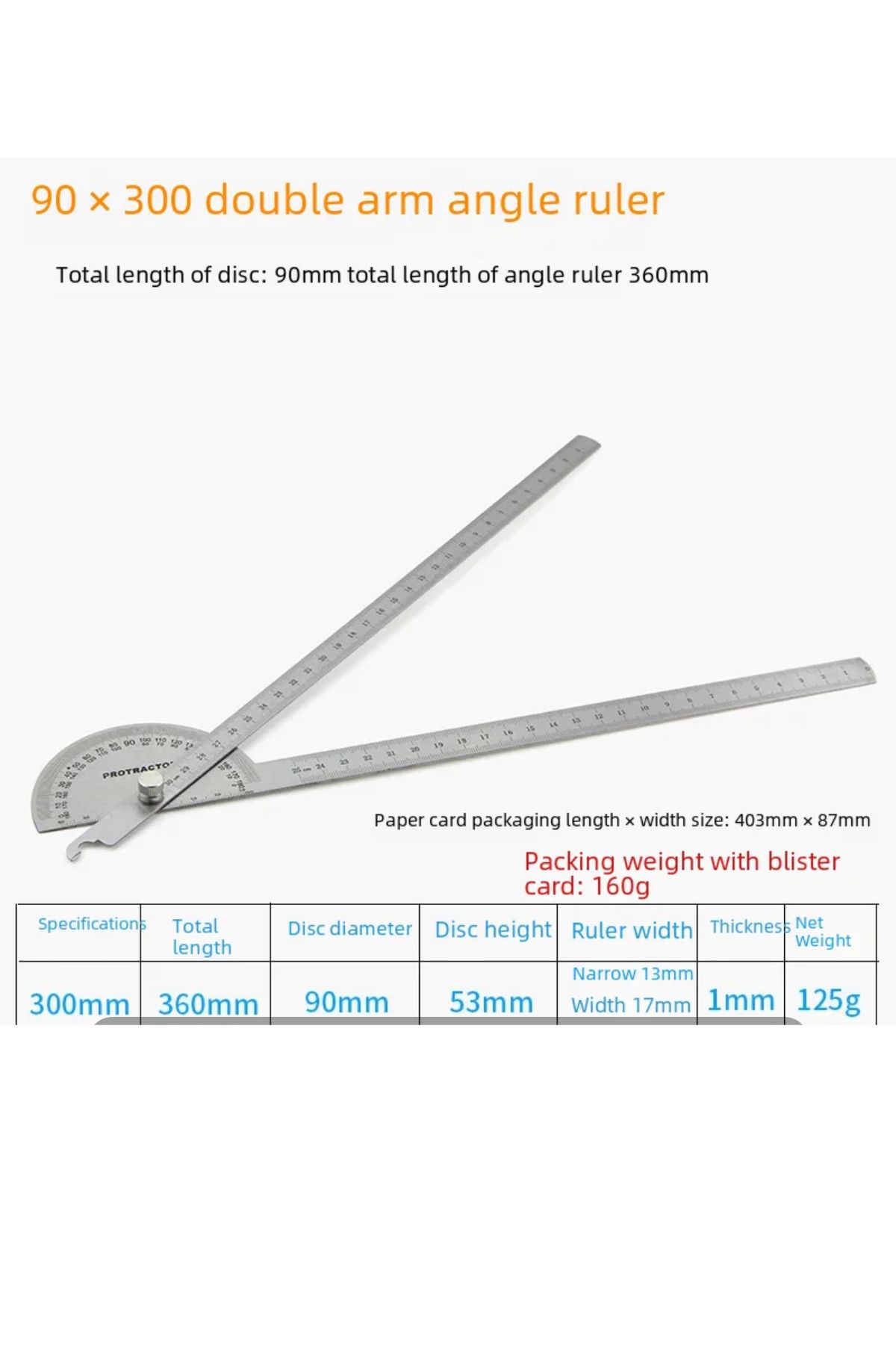 BGA-180 Degree 300mm 2 Spoke Angle Protractor Goniometer Stainless Steel Protractor Rotating Angle Ruler 5
