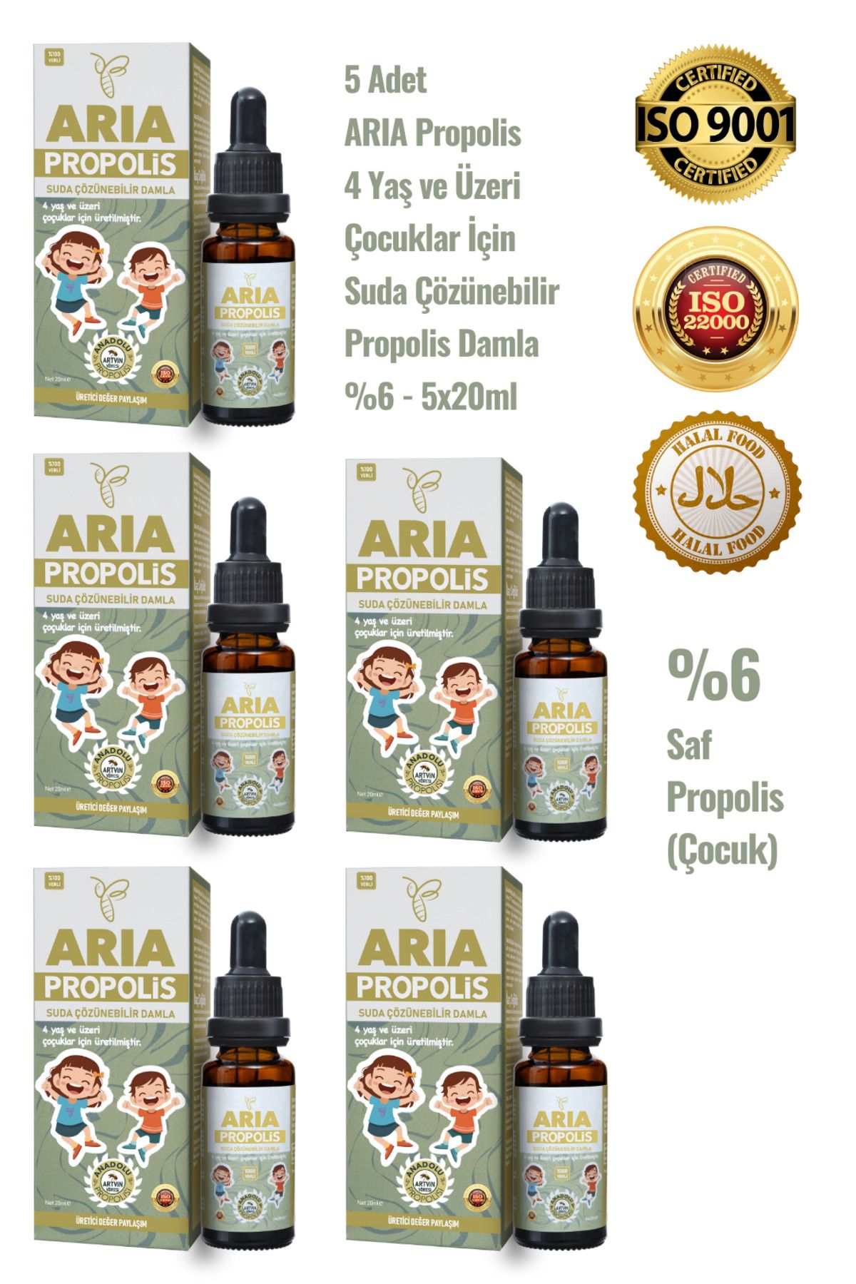 ARIA Propolis 5 Adet 4 Yaş ve Üzeri Çocuklar İçin Suda Çözünebilir Propolis Damla %6 5x20ml