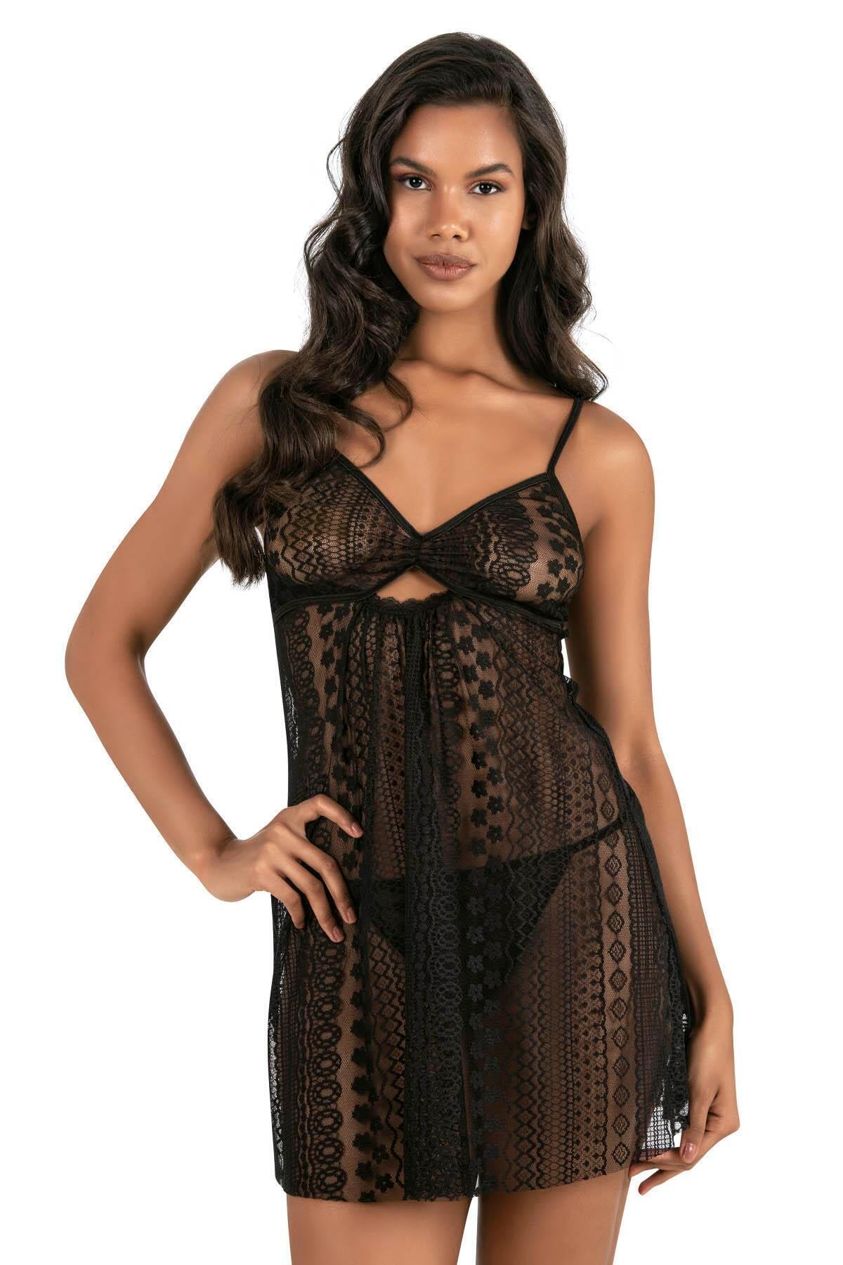 Primoda Siyah Kısa Tül Gecelik 4232