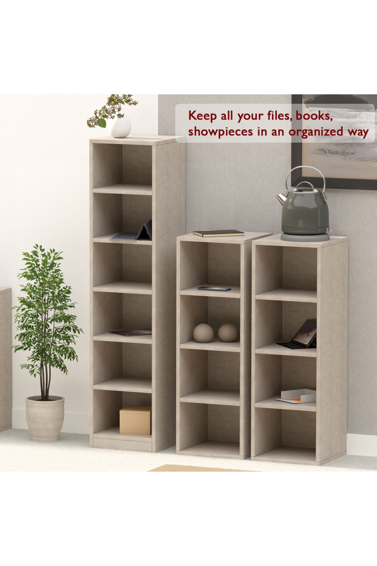 Mahmayi-Wooden Storage Display Shelves 4-Tier Freestanding, Box Shelves, Light Concrete 3