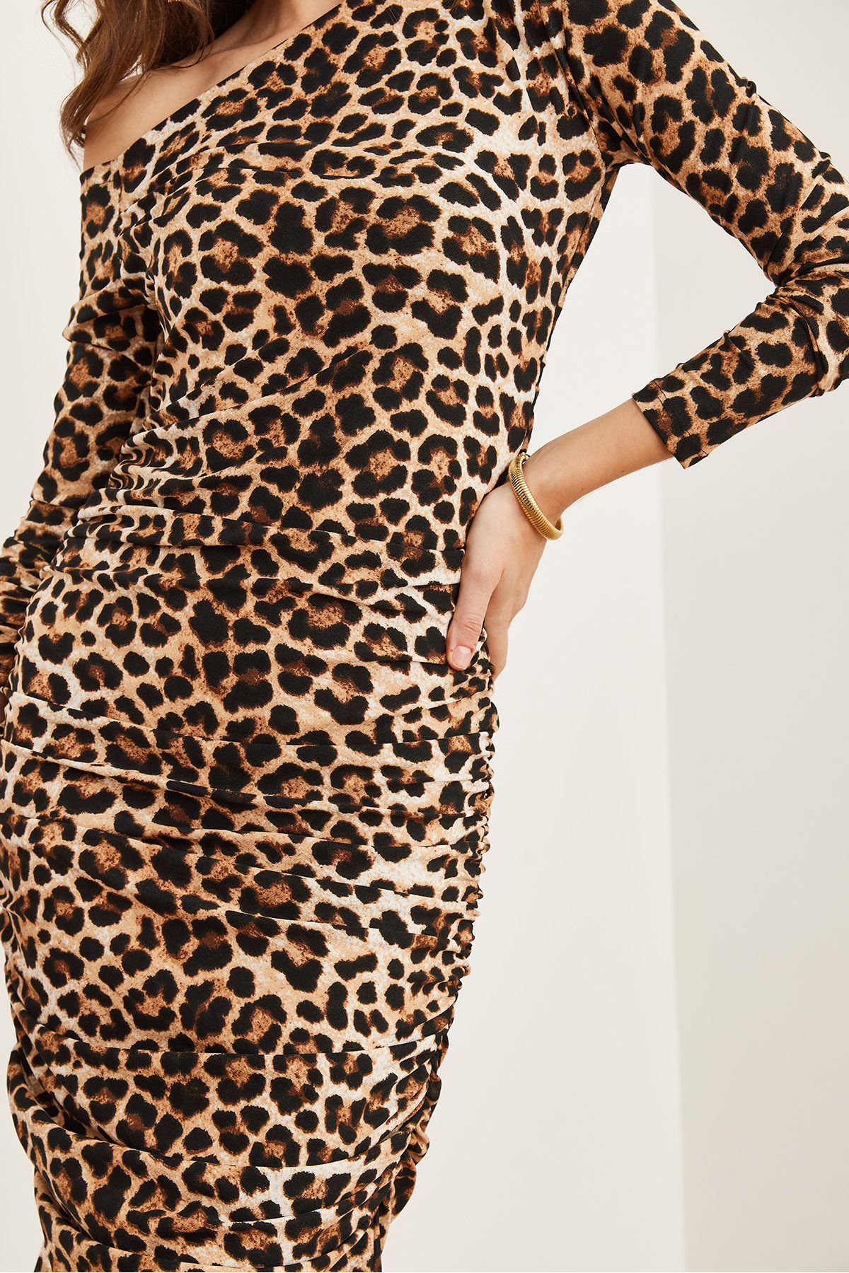 Kadın Leopar Taş Tek Omuz Drape Detayli Leopar Örme Elbise ELB-19002268