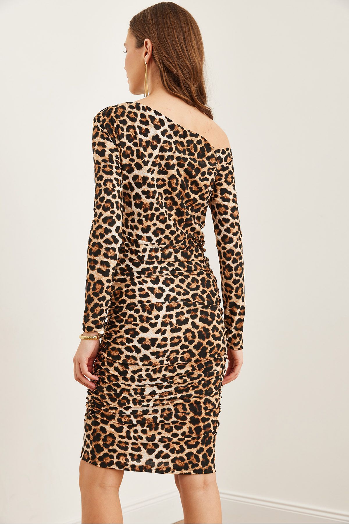 Kadın Leopar Taş Tek Omuz Drape Detayli Leopar Örme Elbise ELB-19002268