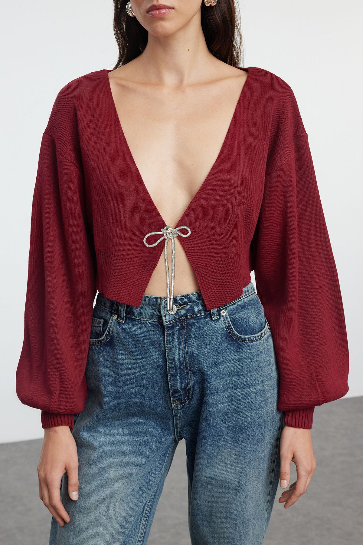 Trendyol Collection Czerwony, dzianinowy kardigan z kokardą w kolorze claret red - Twoaw24Hi00315