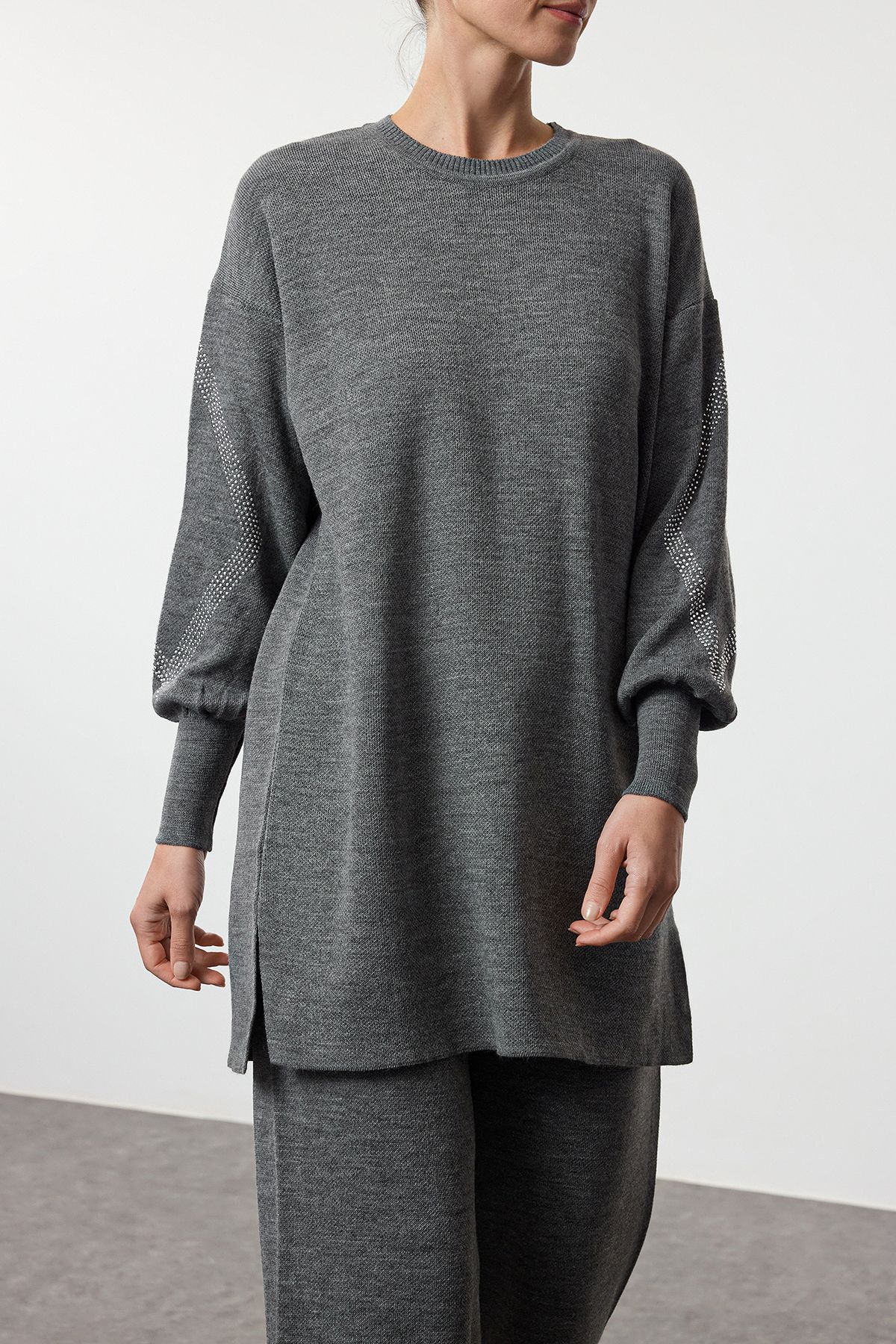 Edit by Trendyol-Anthracite Stone Embroidered Knitwear Sweater and Trousers Set - Tedaw25us00011 2