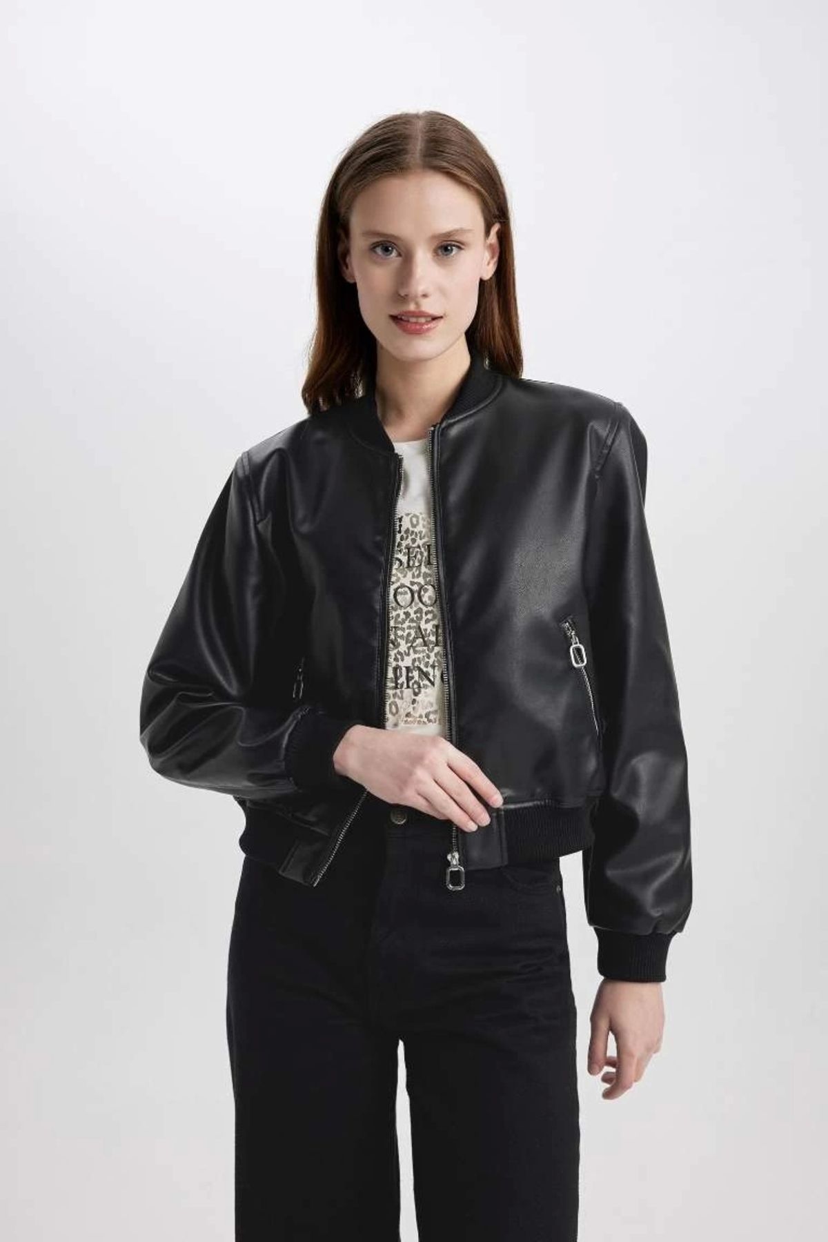 DeFacto-Model C2686 - Palton din piele artificială cu guler Bomber College 3