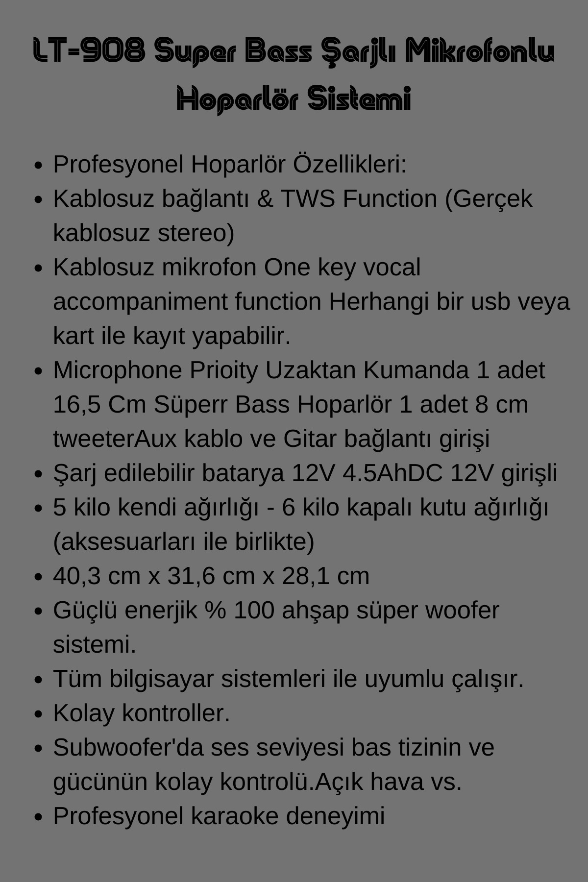 L'eDoren Lt-908 Süper Bass Şarjlı Mikrofonlu Hoparlör Karaoke