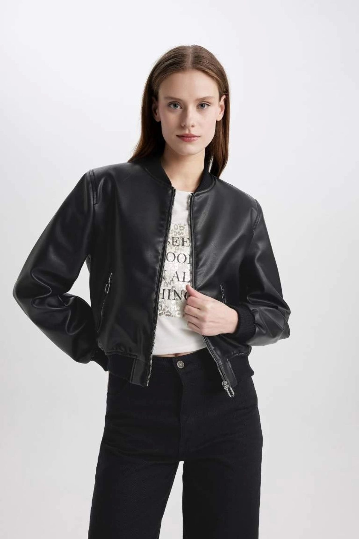 DeFacto-Model C2686 - Palton din piele artificială cu guler Bomber College 1