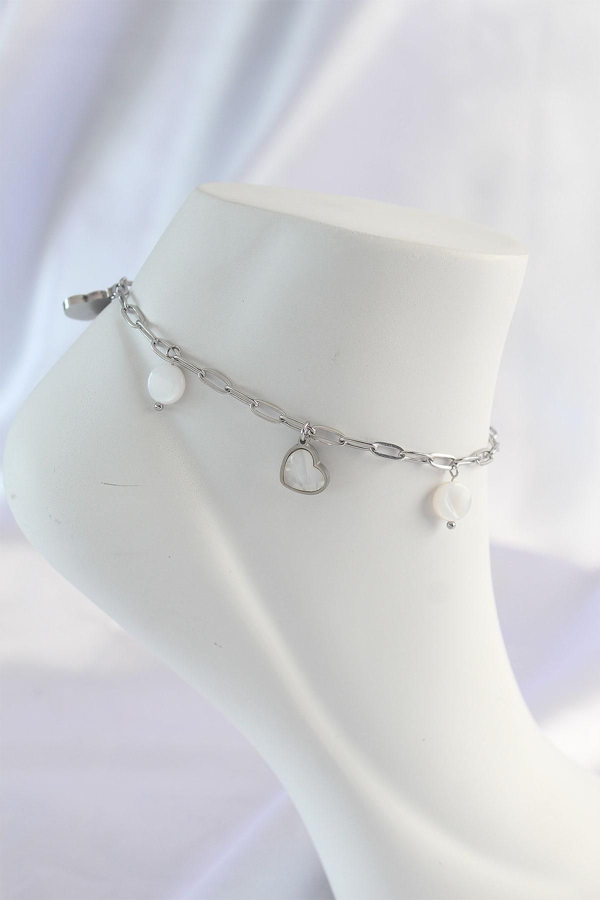 HELSOL-Steel Silver Color Minimal Heart Detailed Anklet 1