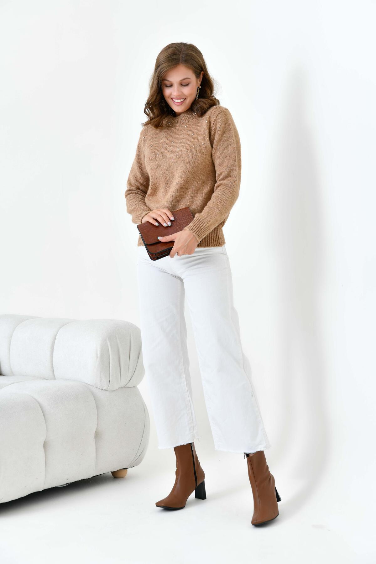 FTZ WOMEN  Kadın Boncuk İşlemeli Kazak Bisküvi 20741 - Görsel 2