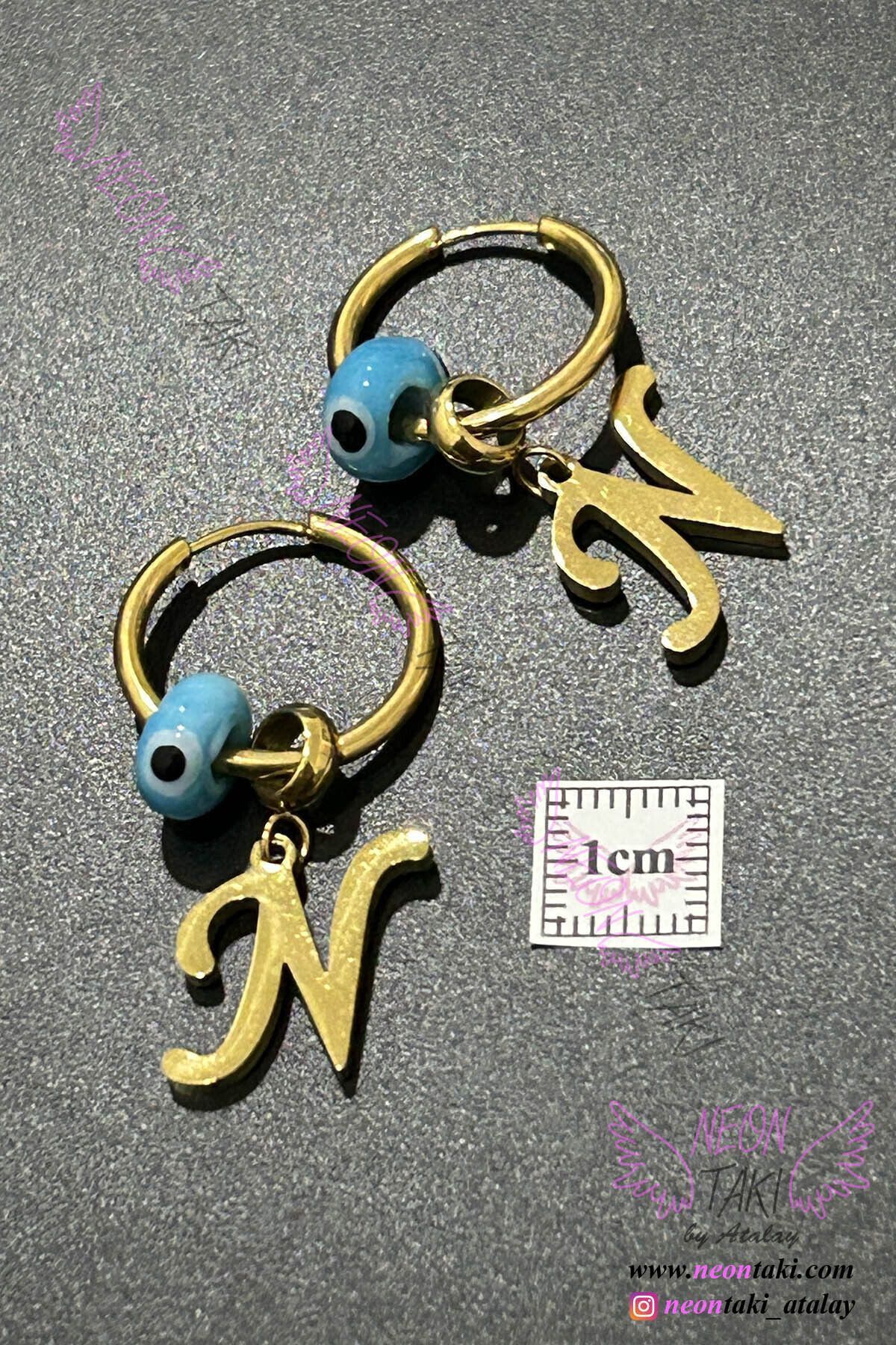 Neon Takı by Atalay-Gold Colored Stainless Steel Earrings - N Letter and Evil Eye Beads 165 1